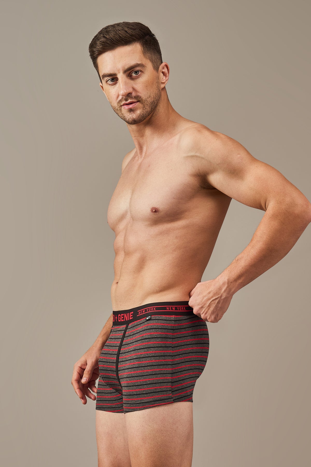 Men's charcoal striped cotton boxer trunks with red stripes, fuller pouch and 3-inch inseam