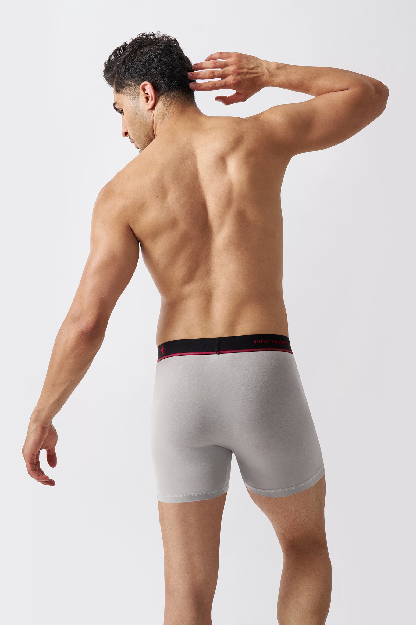 Macho Genie Back view of men's Gray bamboo boxer briefs showing smooth fabric and full seat coverage