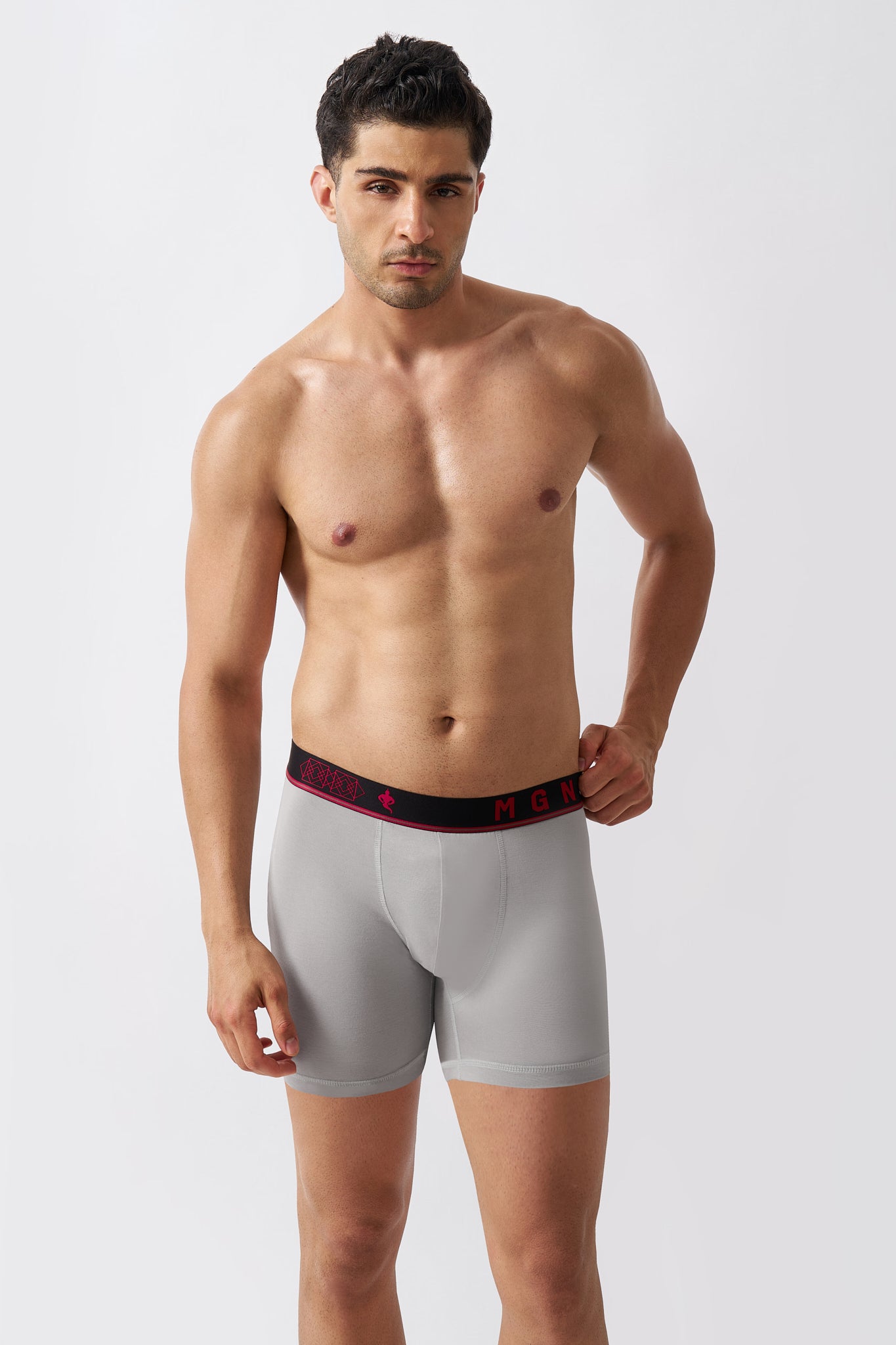 Macho Genie Men's Gray bamboo boxer briefs shown from the front with an extended-length fit