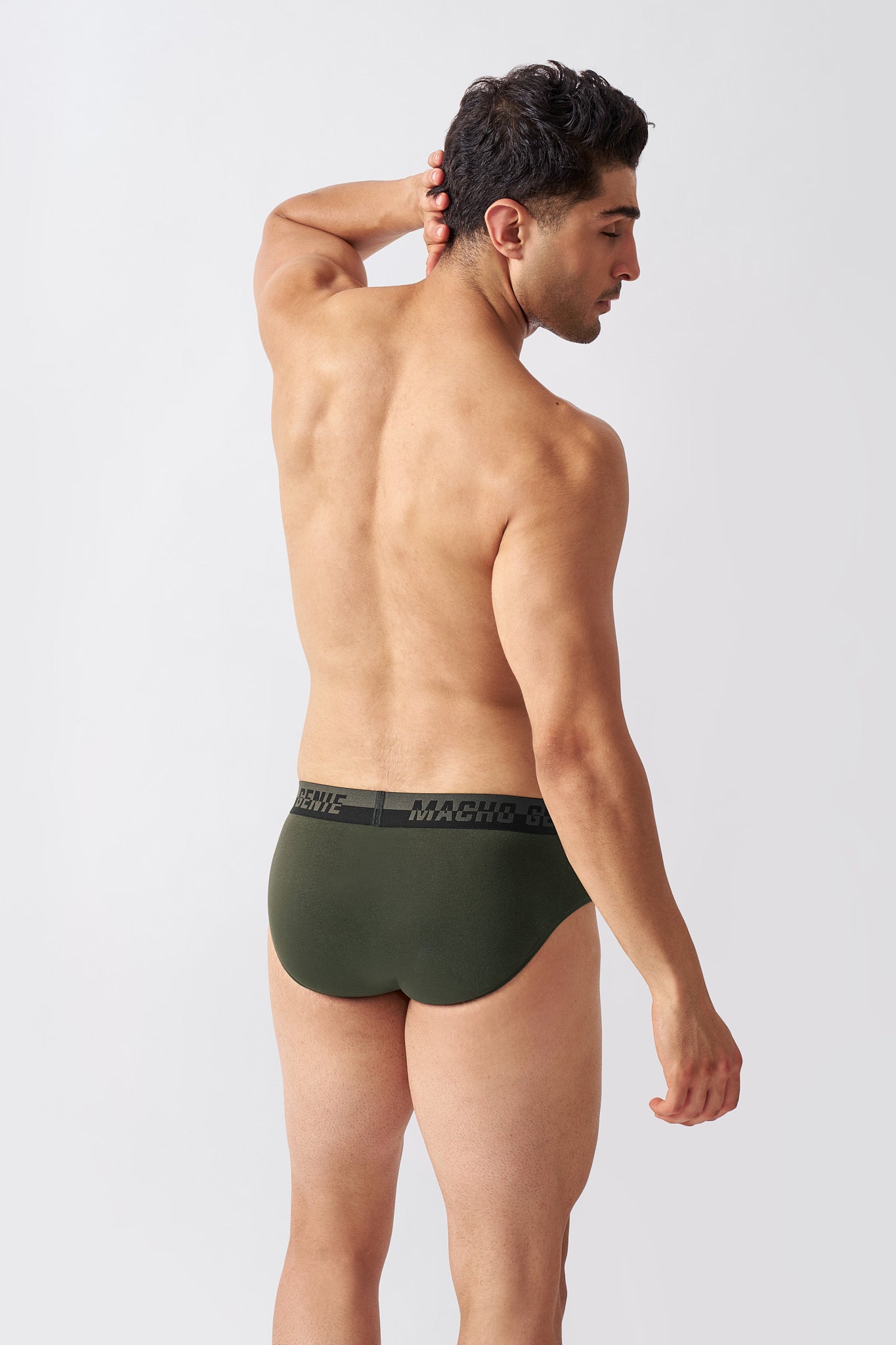 Macho Genie men's Army Green Supima Blend briefs showing the smooth waistband and comfortable back fit