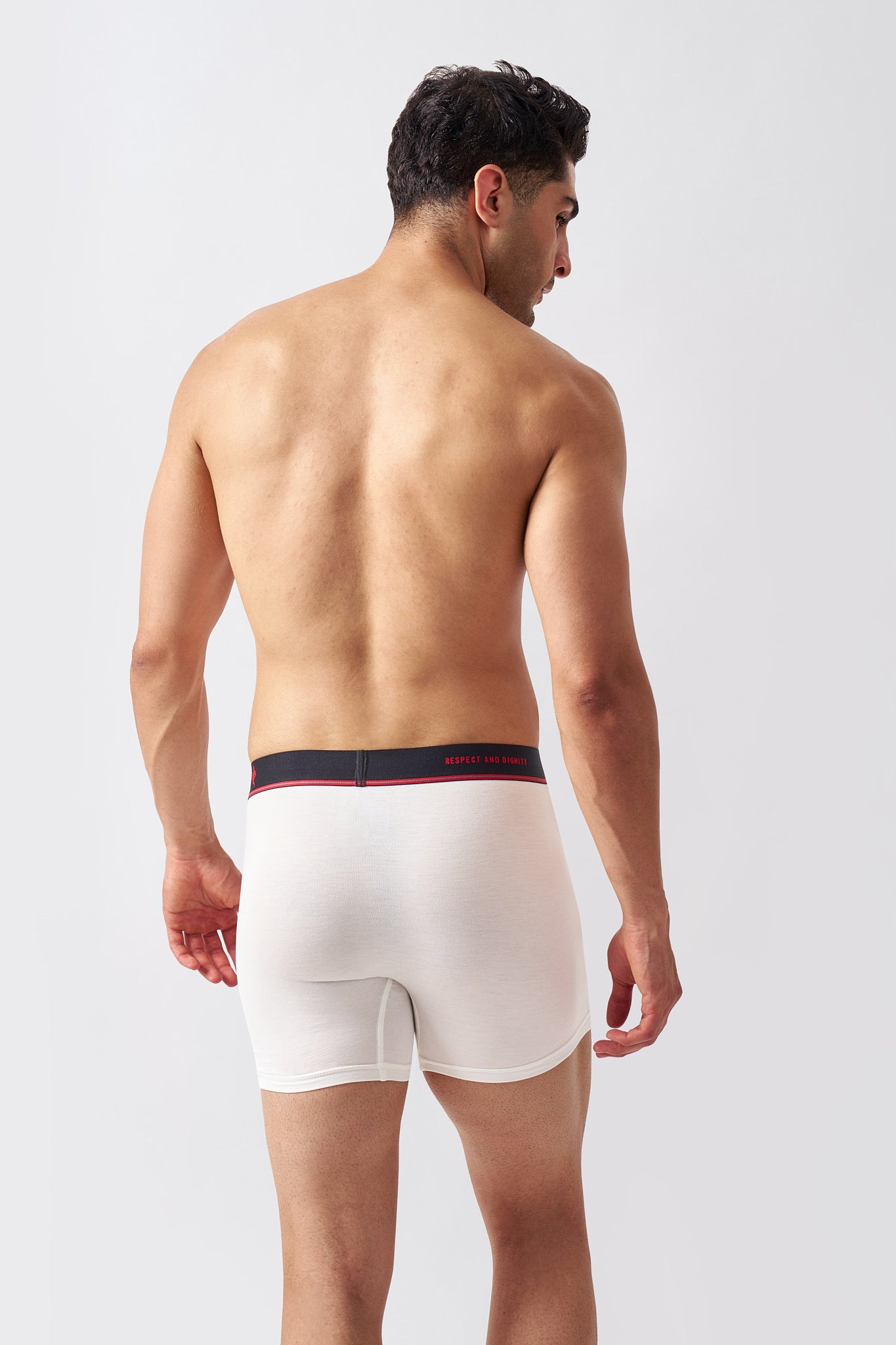 Macho Genie Back view of men's ivory white bamboo boxer briefs showing full seat coverage and a smooth extended-leg fit