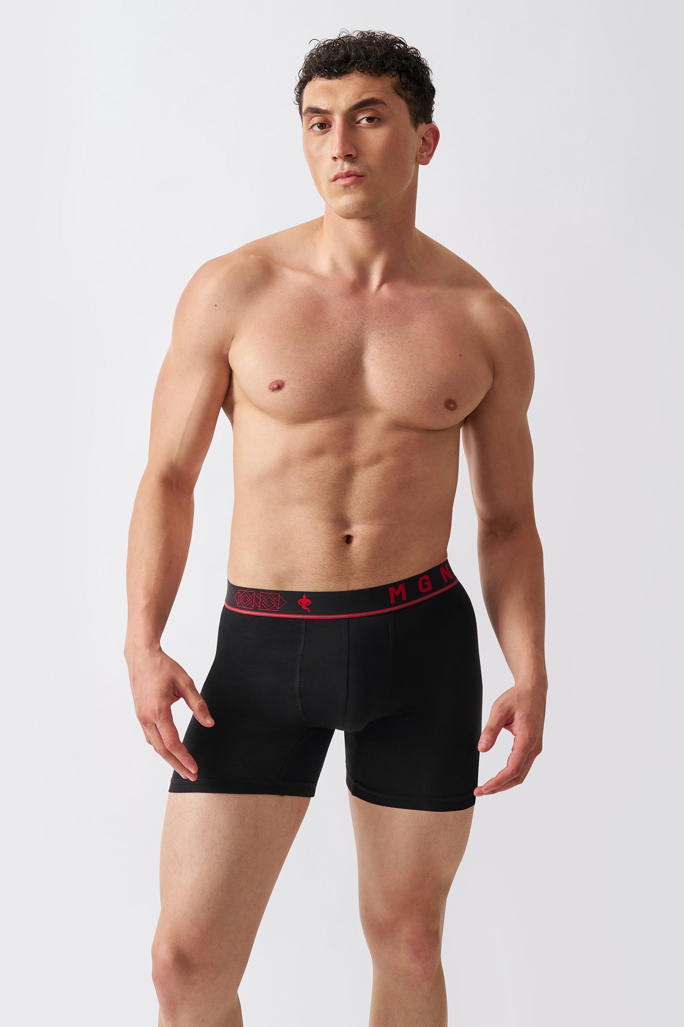 Macho Genie men's Jet Black Bamboo Aeroflex boxer briefs shown from the front with extended leg coverage and a comfortable everyday fit