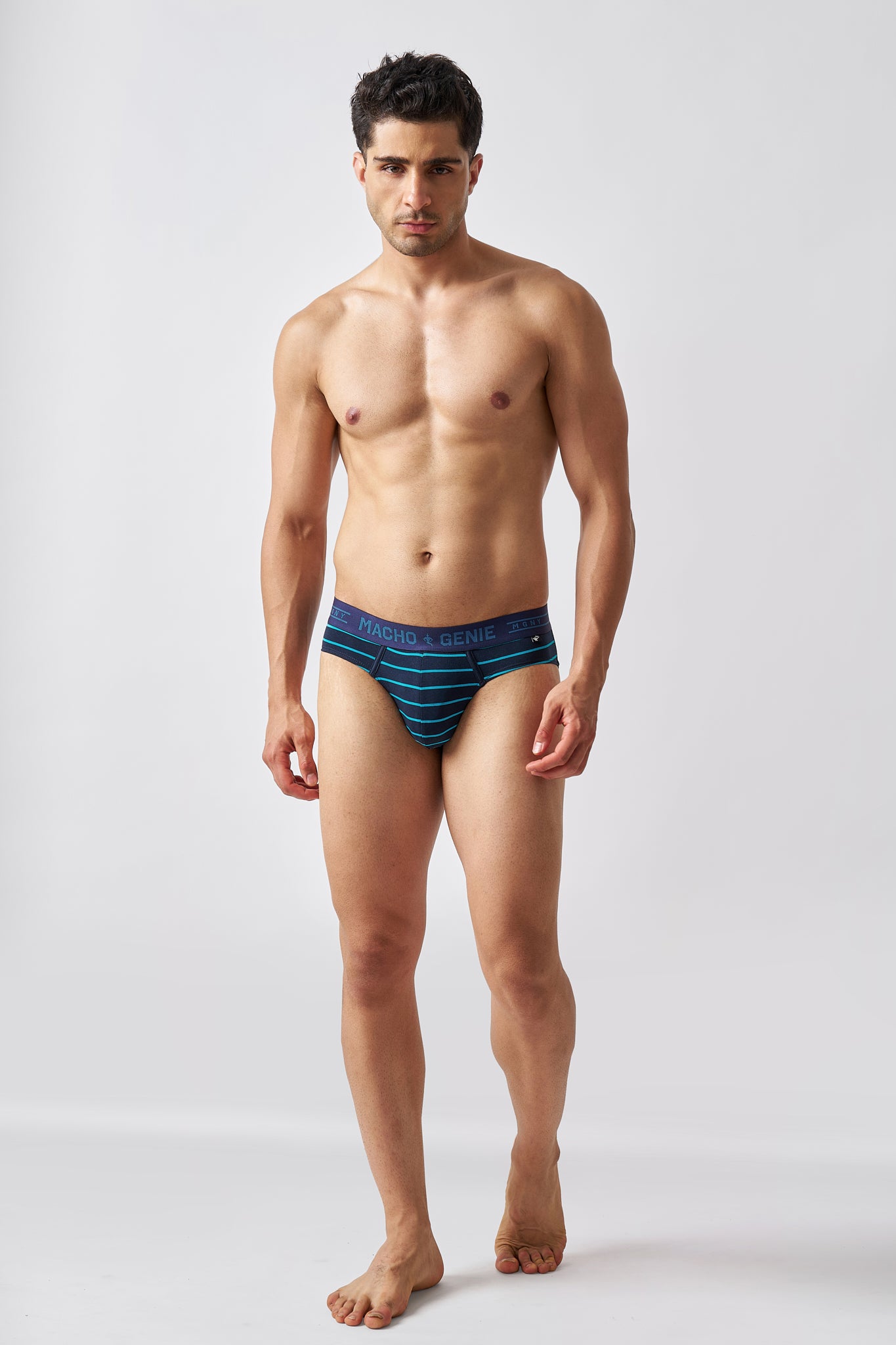 Macho Genie men's Luxe premium cotton navy blue striped Y-shaped briefs, comfortable men's cotton underwear, full front view
