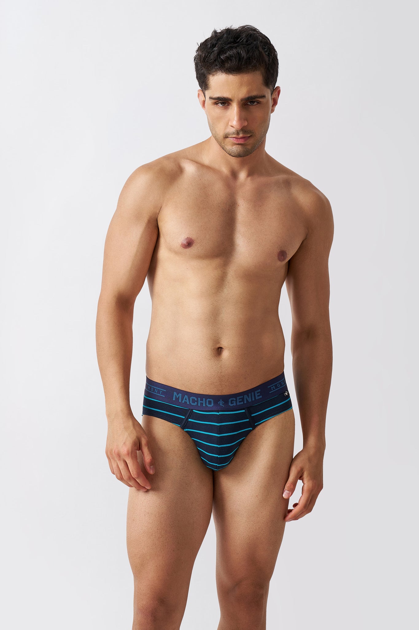 Macho Genie men's Luxe premium cotton navy blue striped Y-shaped briefs, comfortable stretch cotton men's underwear, front view