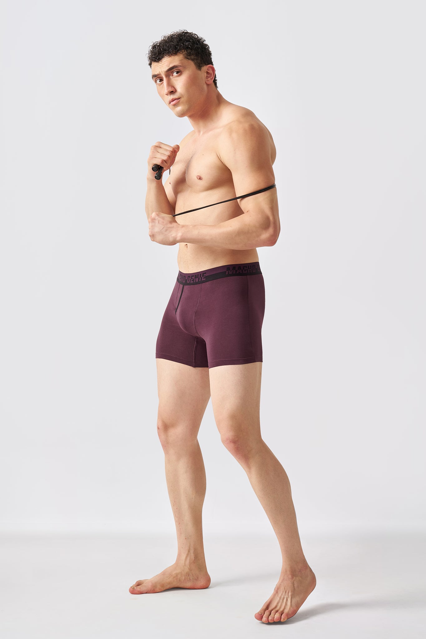 Macho Genie men's Wine boxer briefs showing extended inseam coverage and a stay-put fit for everyday comfort