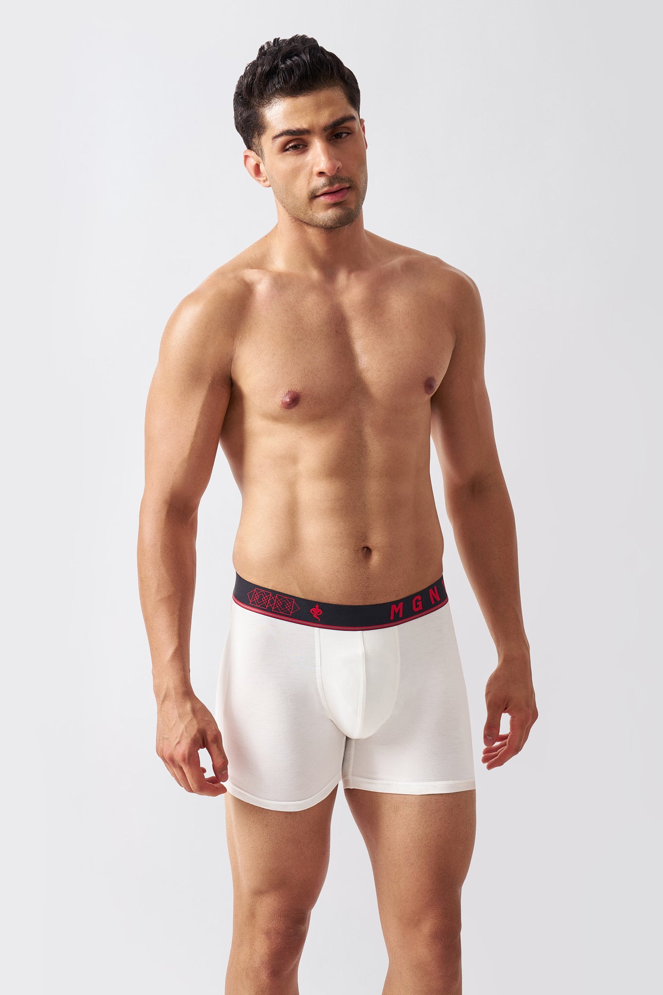 Macho Genie Men's ivory white pure bamboo boxer briefs shown from the front with an extended inseam and supportive fit