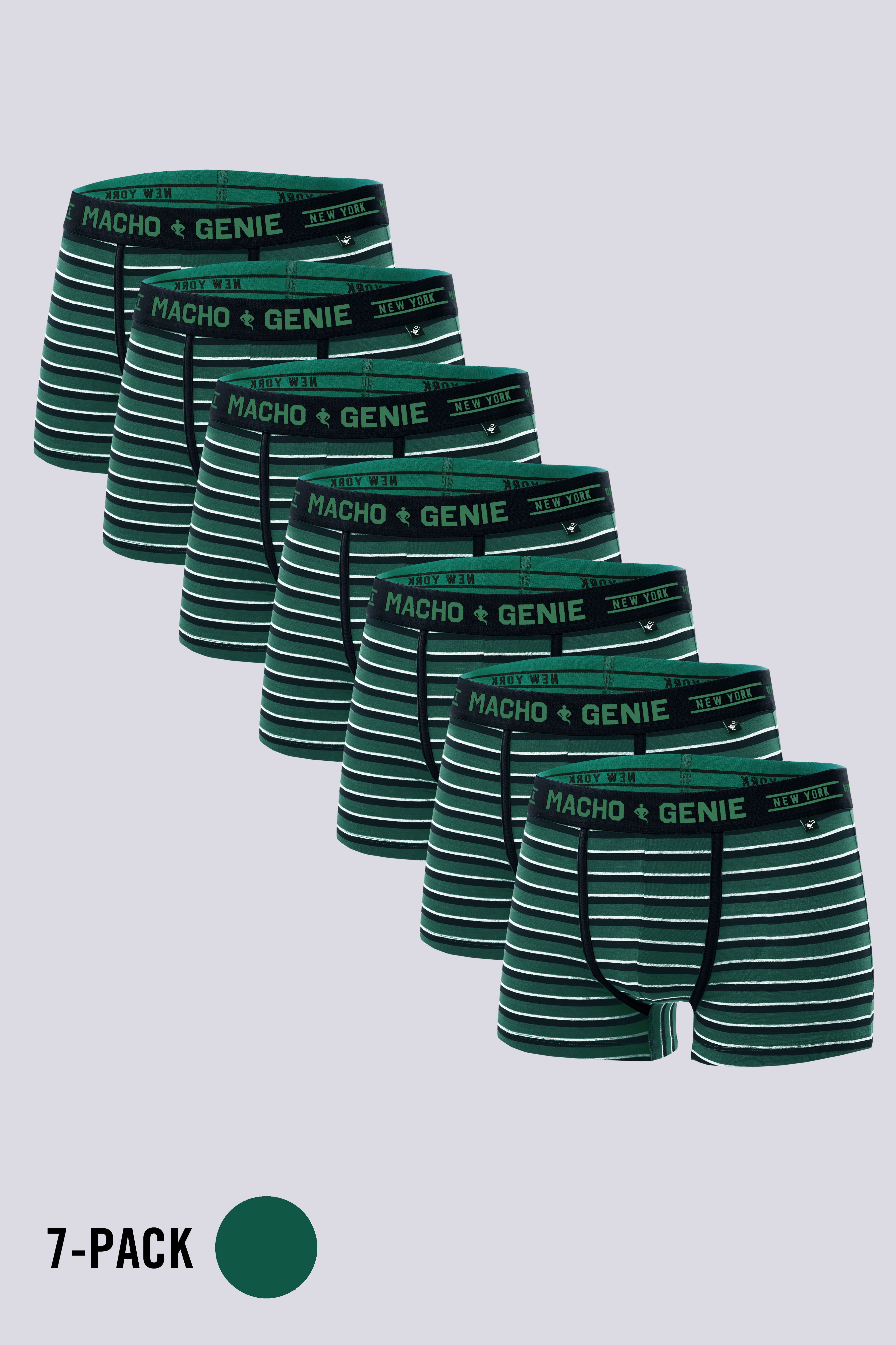 Macho Genie pack of 7 Men's navy green striped cotton trunks with a full pouch, 3-inch inseam, and breathable stretch comfort