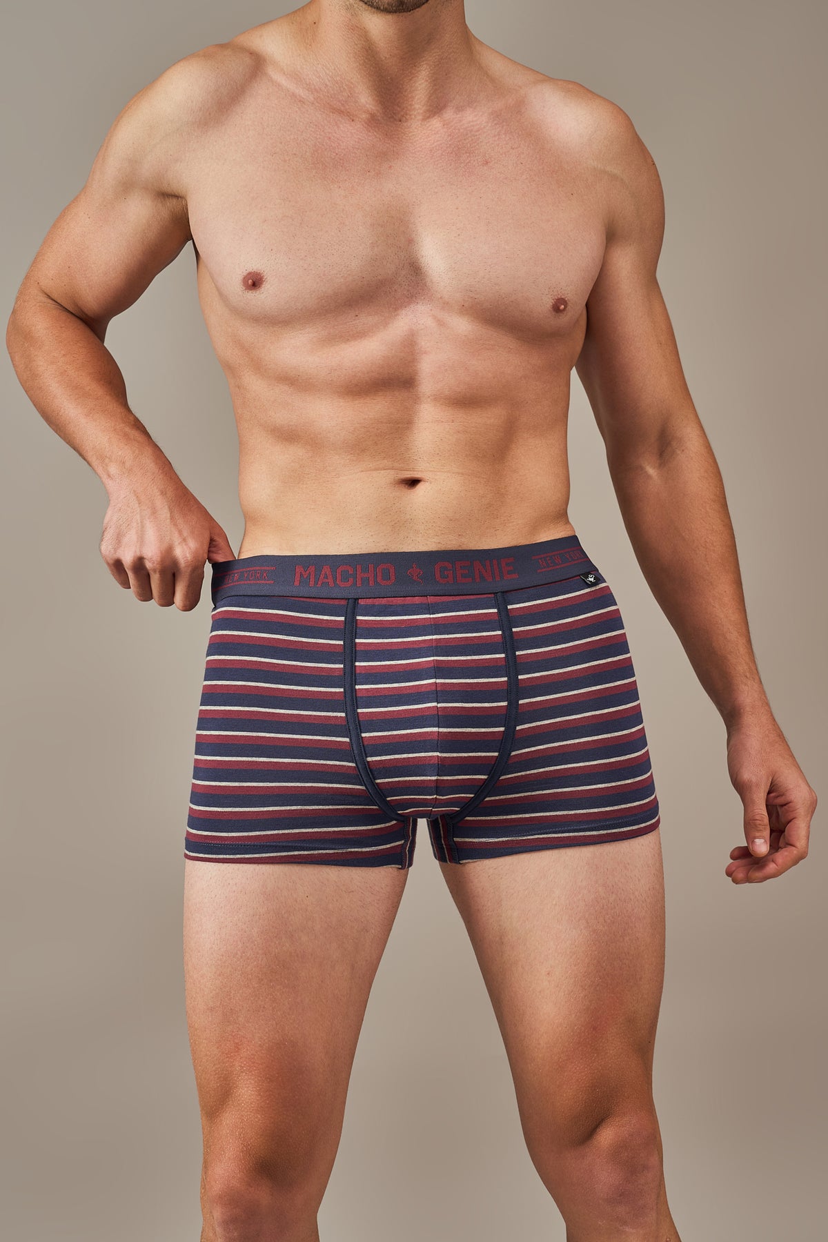 Macho Genie Men's red and navy striped underwear made with soft cotton and a tag-free design