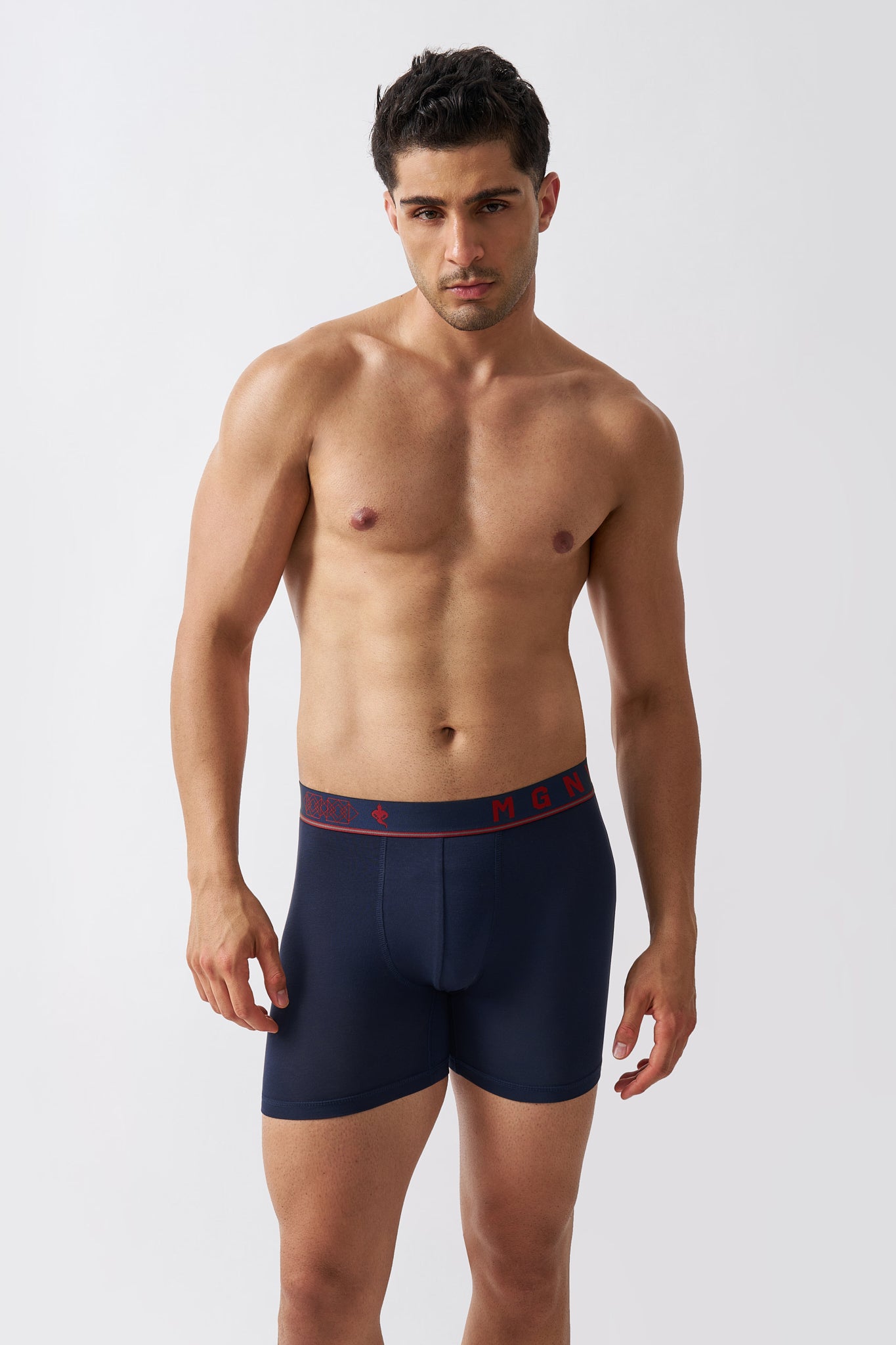 Macho Genie Men's deep blue bamboo boxer briefs with a smooth fit, extended coverage and stretch waistband