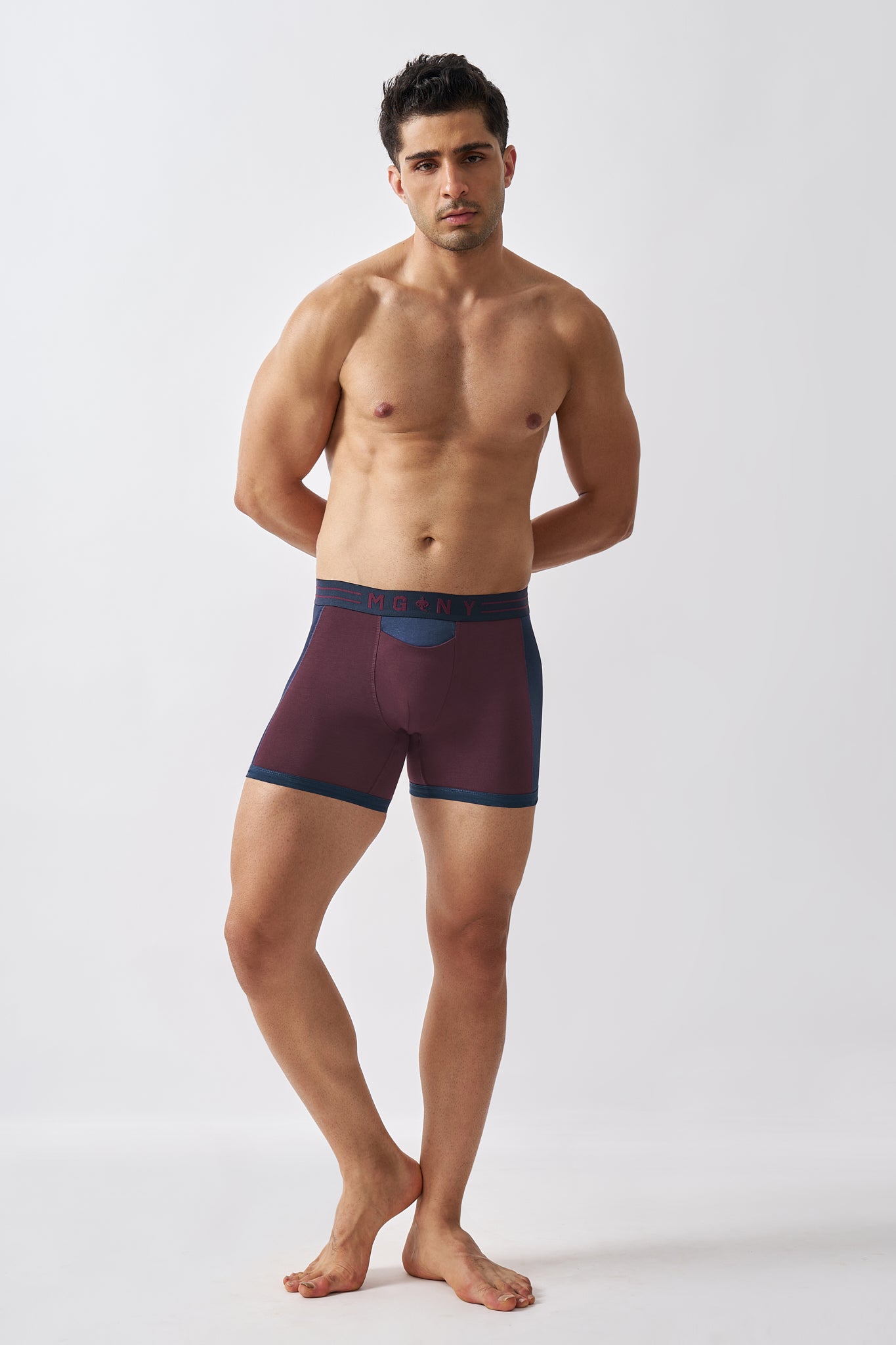 Macho Genie men's burgundy boxer briefs in stretch cotton with a comfortable supportive fit