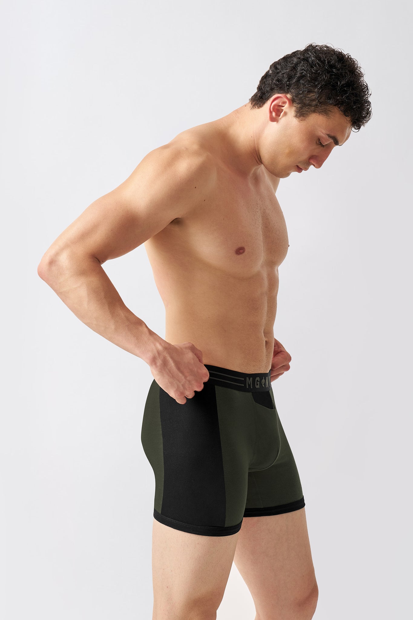 Macho Genie men's olive green boxer briefs with cotton Spandex stretch fabric and flexible fit