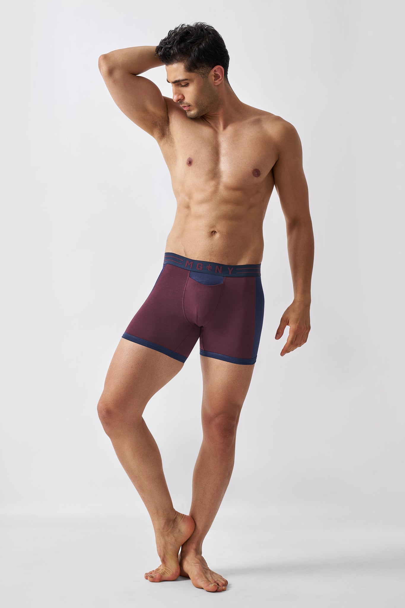 Macho Genie men's maroon stretch boxer briefs designed for comfortable everyday wear and freedom of movement