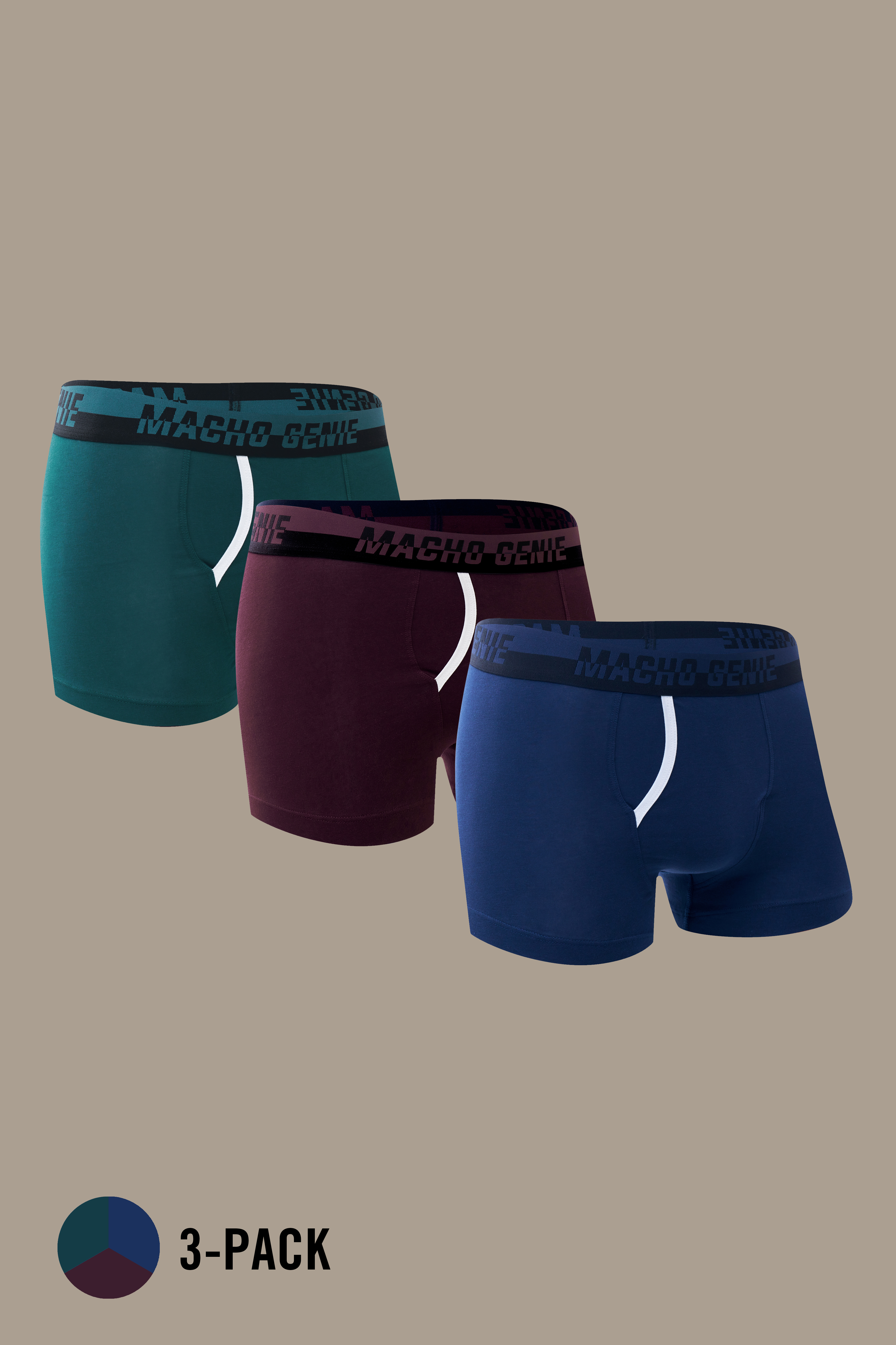 Macho Genie men's Supima cotton boxer trunks 3-pack in green, wine and navy blue with a 3-inch inseam