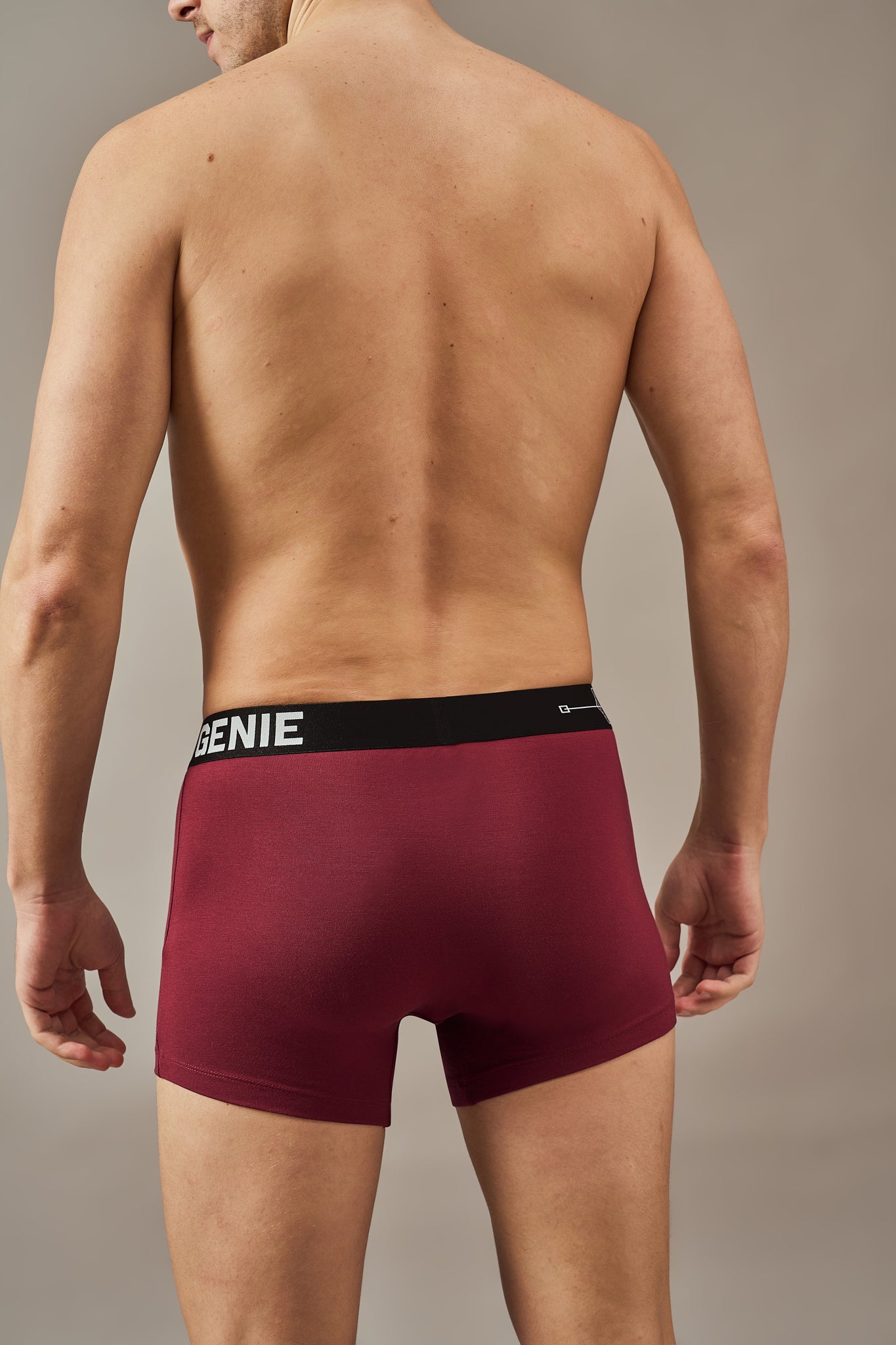 Macho Genie Merlot Wine modal trunks shown from the back, featuring premium ultra soft washed fabric, smooth coverage and a flexible waistband designed for a secure fit