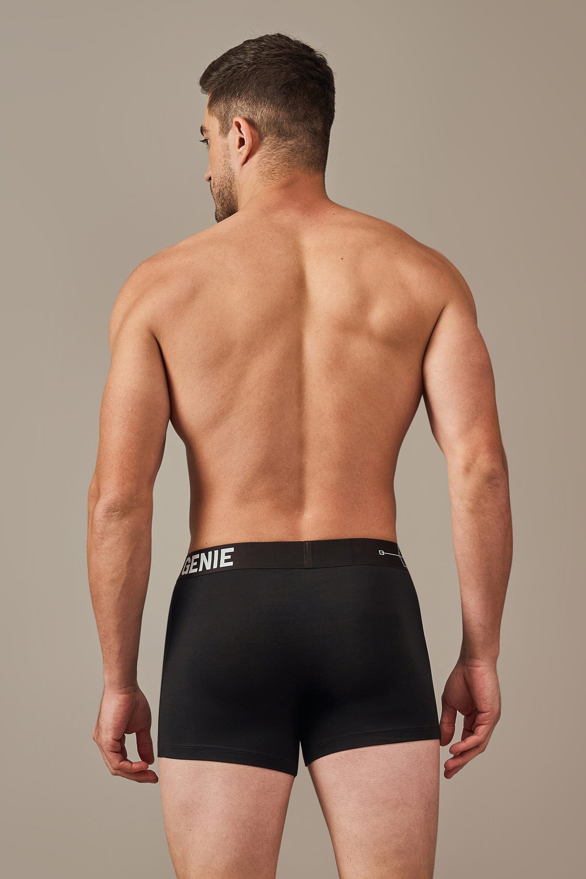Macho Genie Midnight Black modal trunks shown from the back, featuring premium ultra soft washed fabric, smooth coverage and a flexible waistband designed to stay comfortably in place.