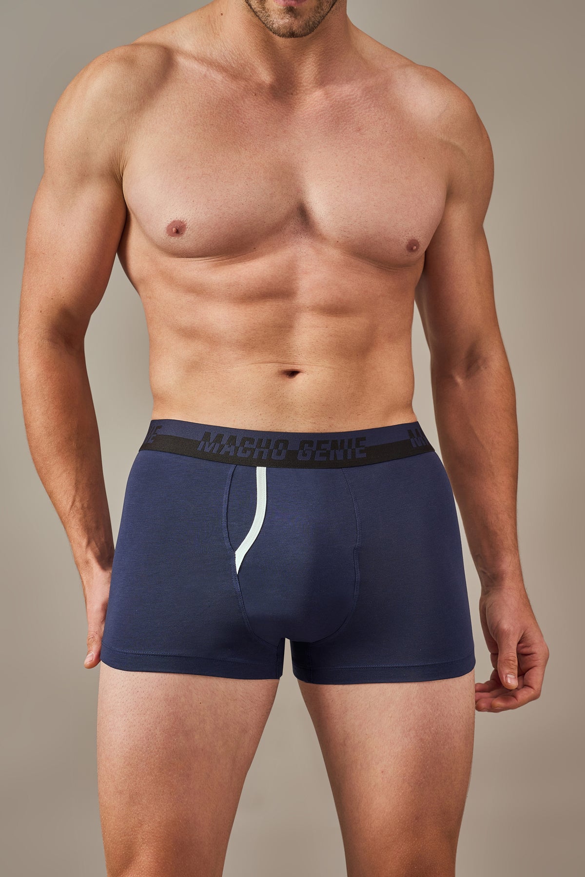Macho Genie Starlit Navy trunks featuring soft pure Supima cotton fabric, functional fly and tailored construction for breathable comfort, easy movement and a stay-in-place fit