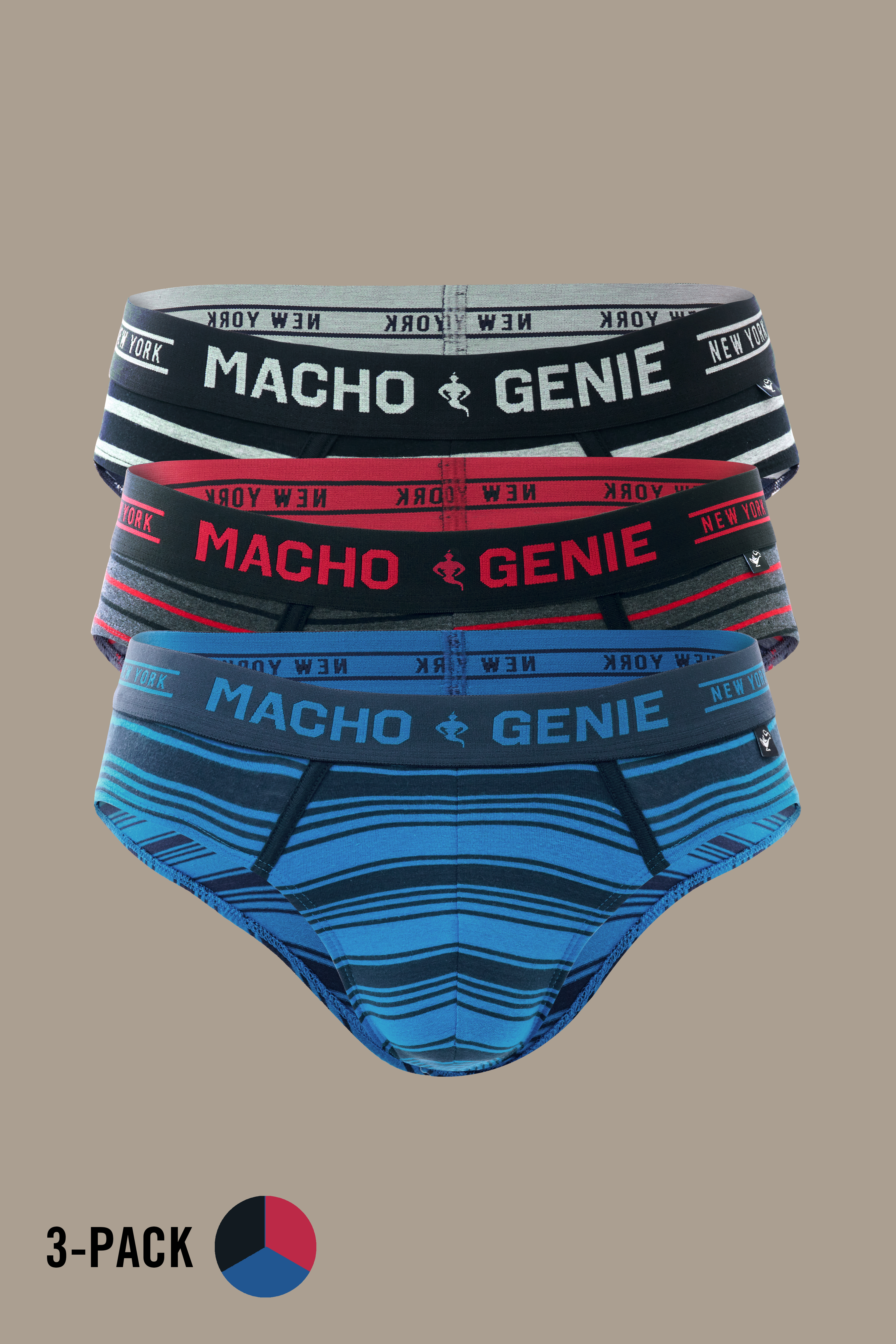 Macho Genie Pack of 3 Luxe Stripe men's blue striped premium cotton brief displayed in a front, highlighting the Y-shaped front panel, defined leg openings and signature branded waistband