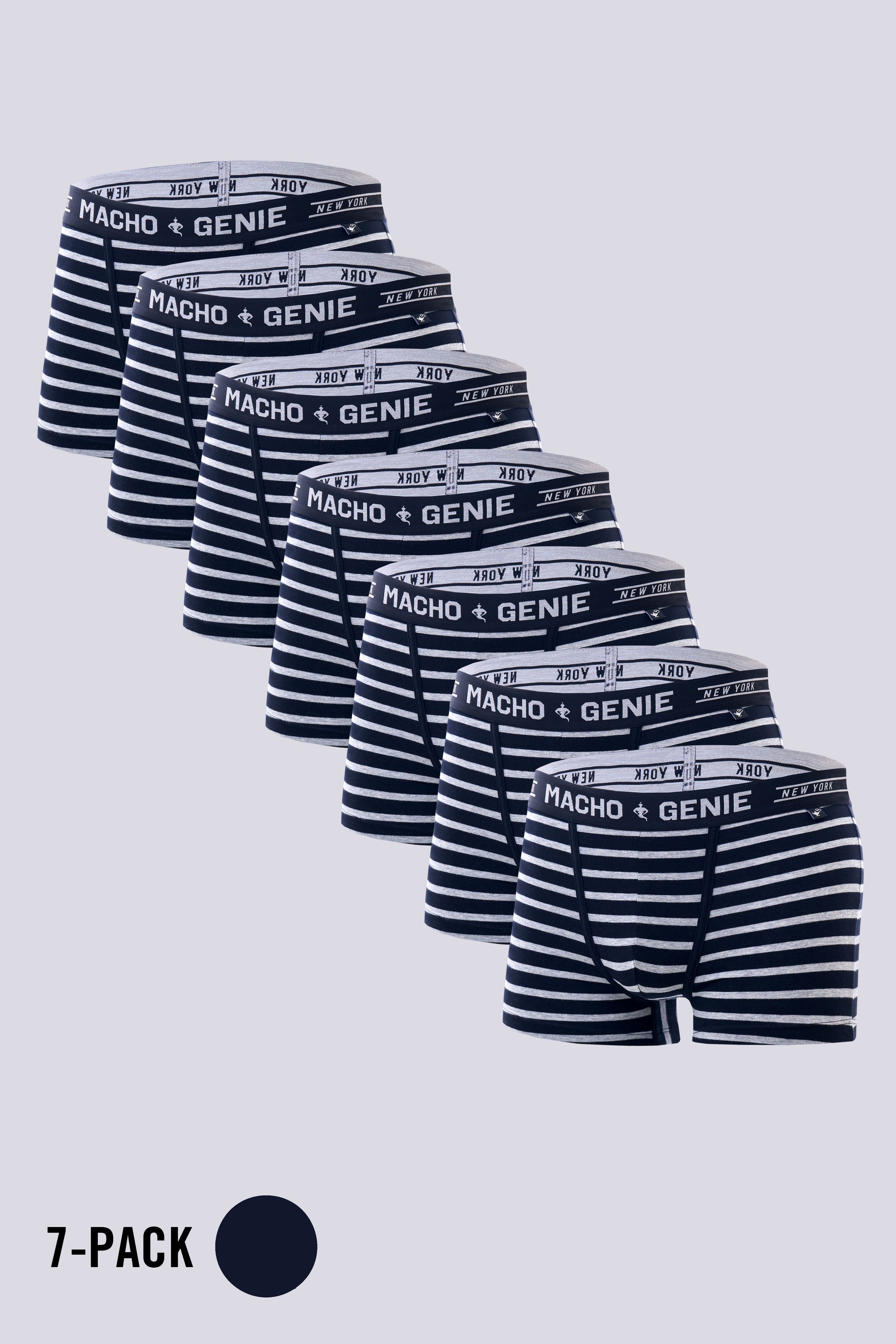 Macho Genie pack of 7 Men's black striped trunks in premium cotton with a supportive pouch and 3-inch inseam