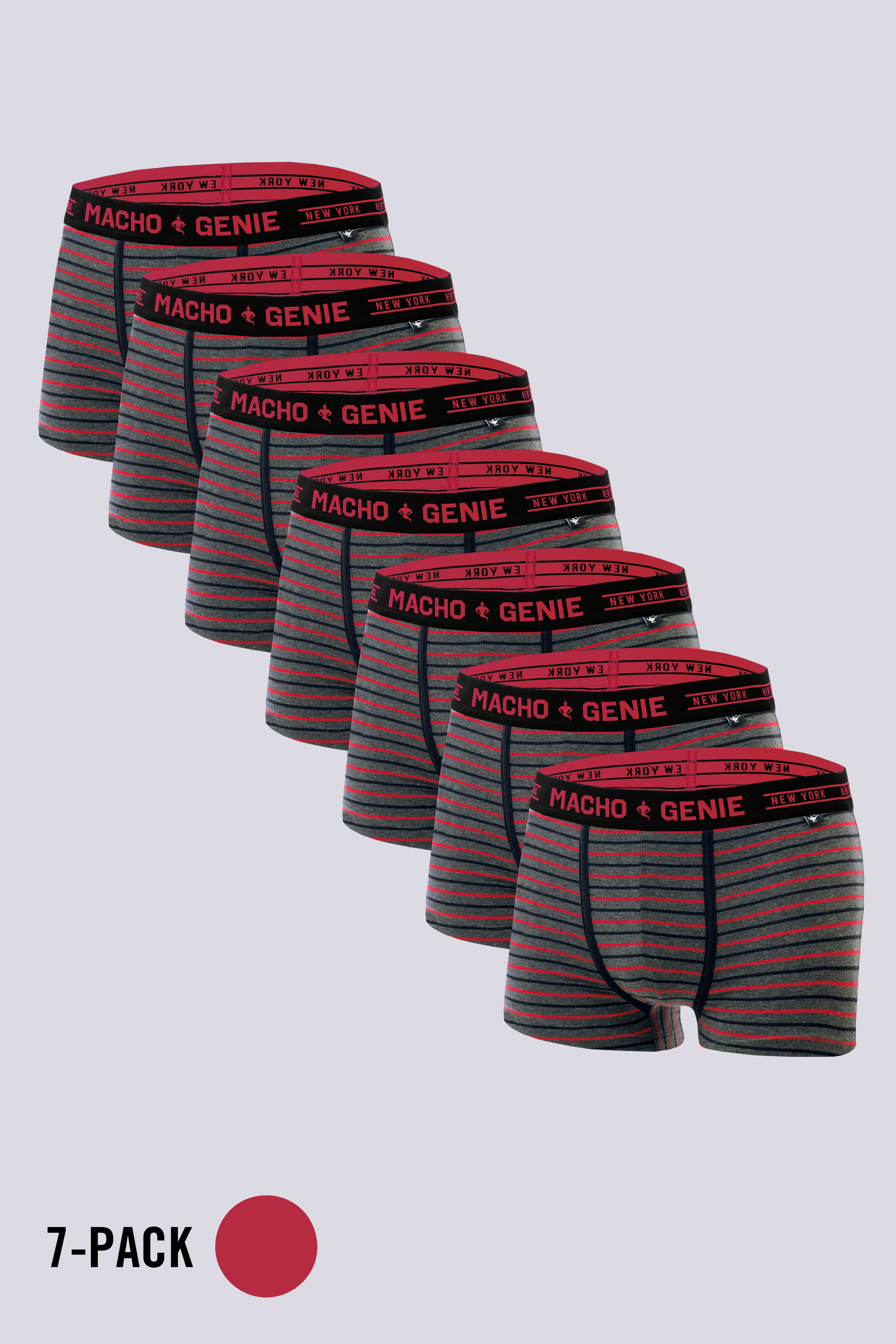 Macho Genie pack of 7 Men's charcoal and red striped boxer trunks in soft cotton with a supportive pouch