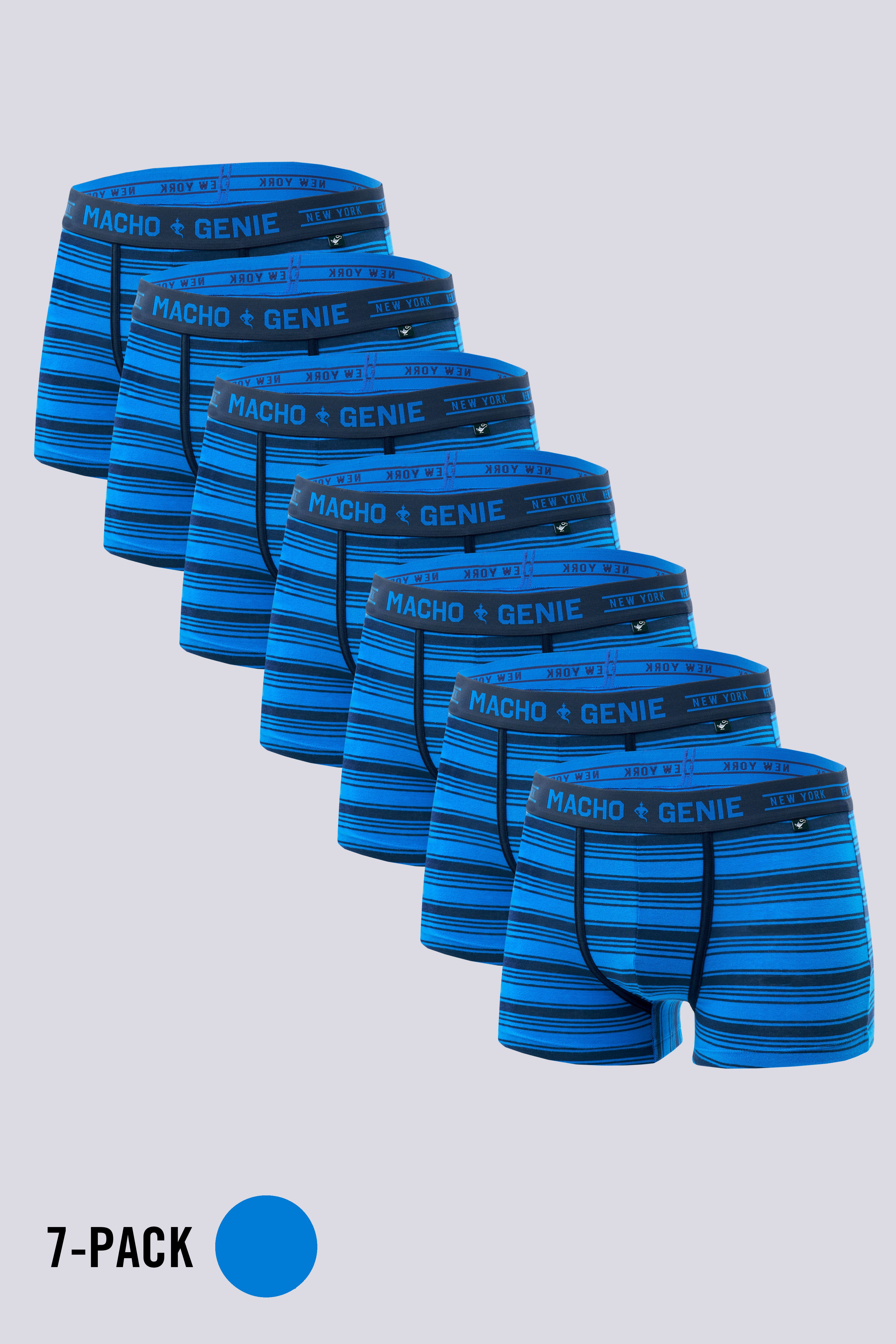 Macho Genie pack of 7 Men's blue striped cotton trunks with a supportive pouch and comfortable fit
