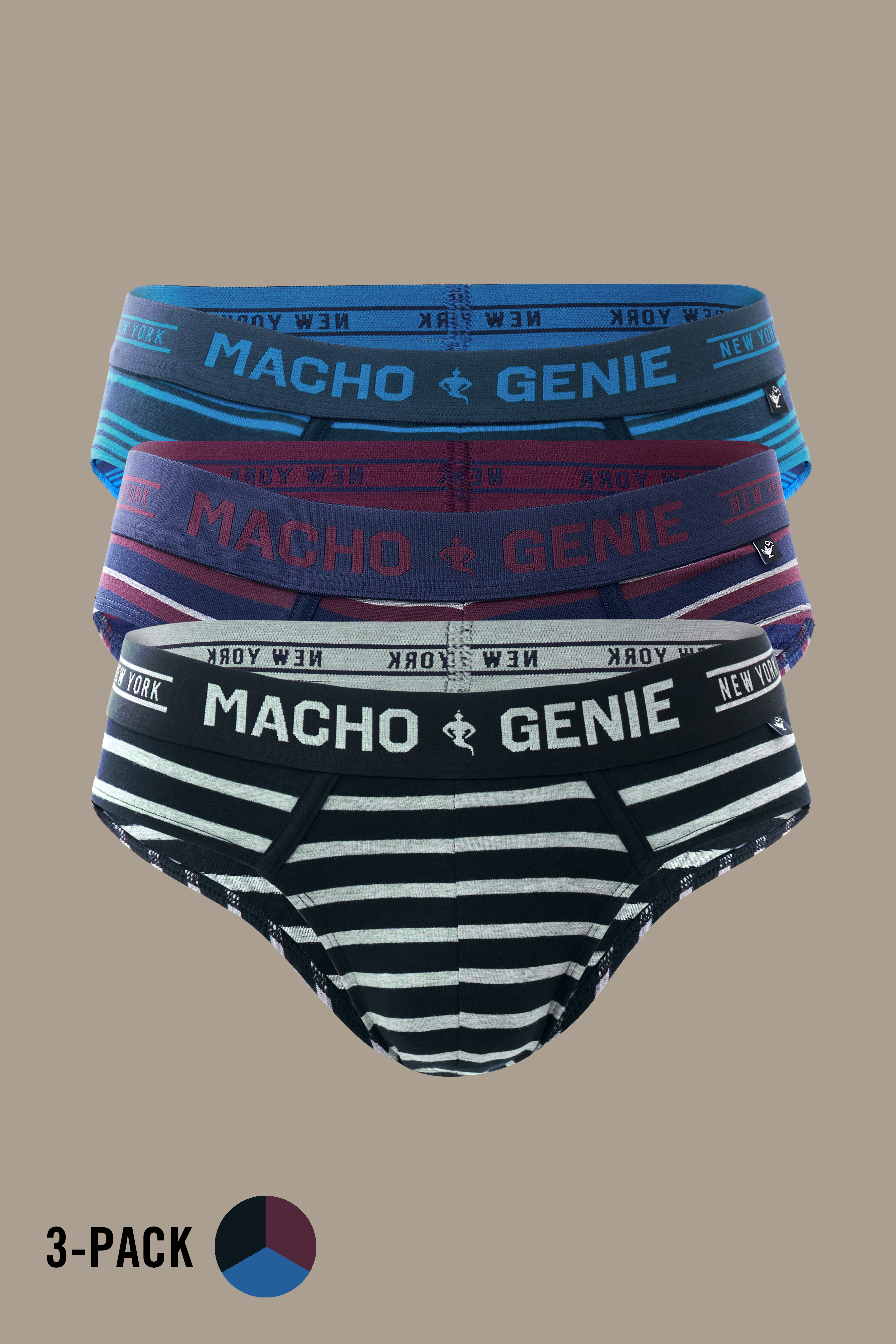 Macho Genie pack of 3 Luxe Stripe men's striped cotton brief in a red and grey color combination, shown from the front with a Y-shaped construction, contoured pouch and branded waistband