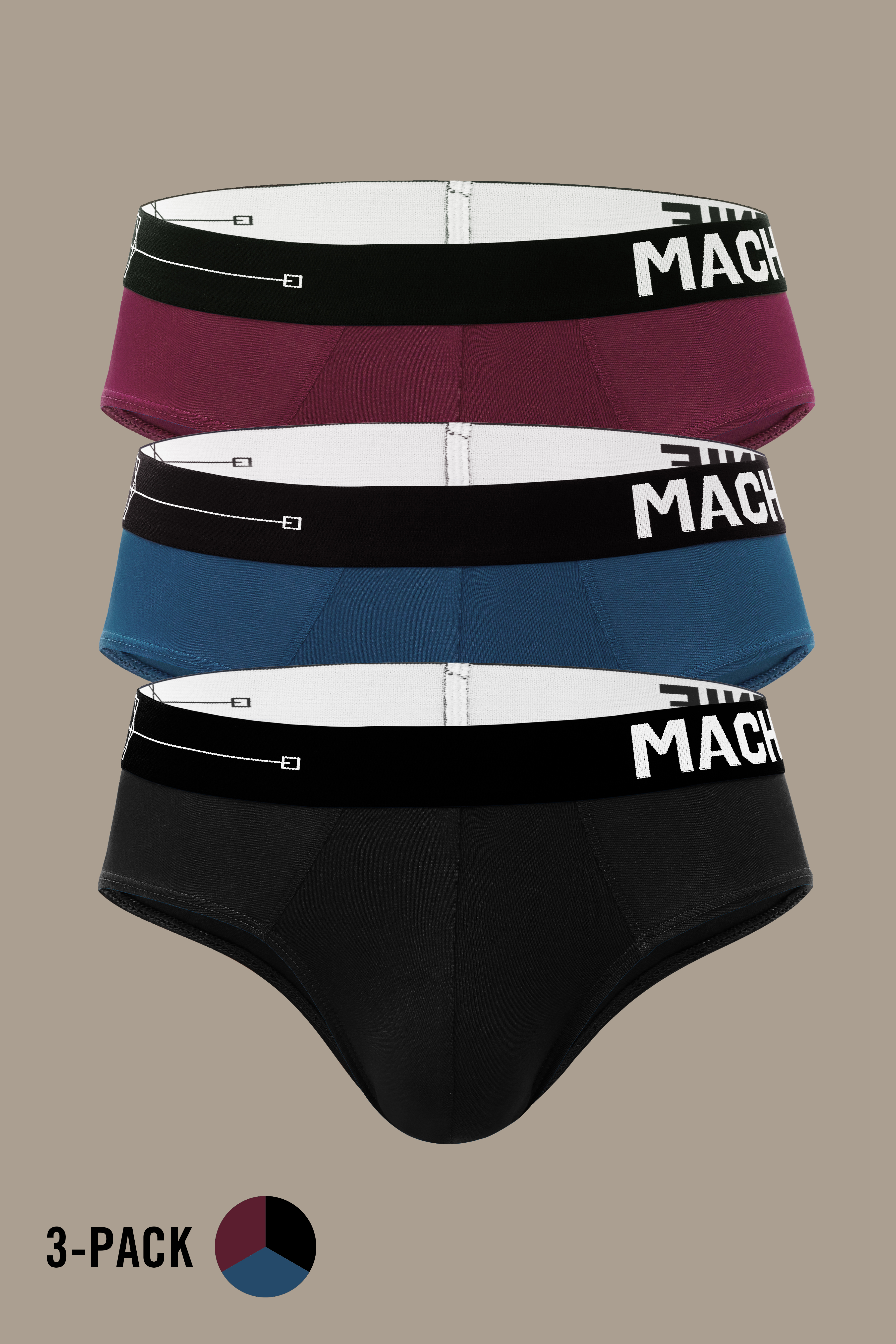 Macho Genie premium modal Y-shaped briefs 3-pack in burgundy wine, navy blue and classic black, featuring buttery-soft breathable fabric, full coverage and flexible waistbands