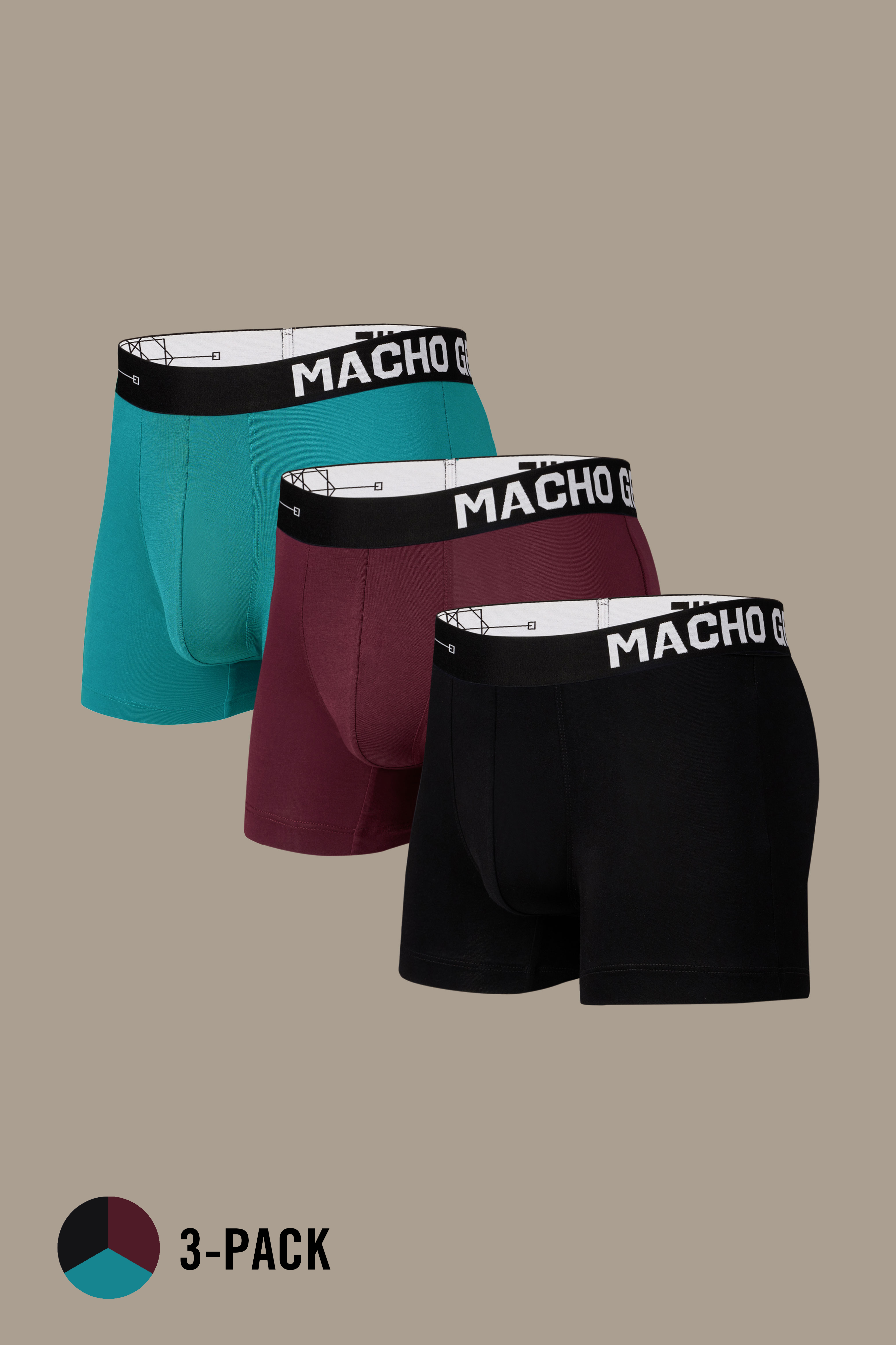 Macho Genie premium modal trunks 3-pack in teal blue, burgundy and black, crafted from ultra soft bio washed modal with a flexible waistband and comfortable 3 inch seam