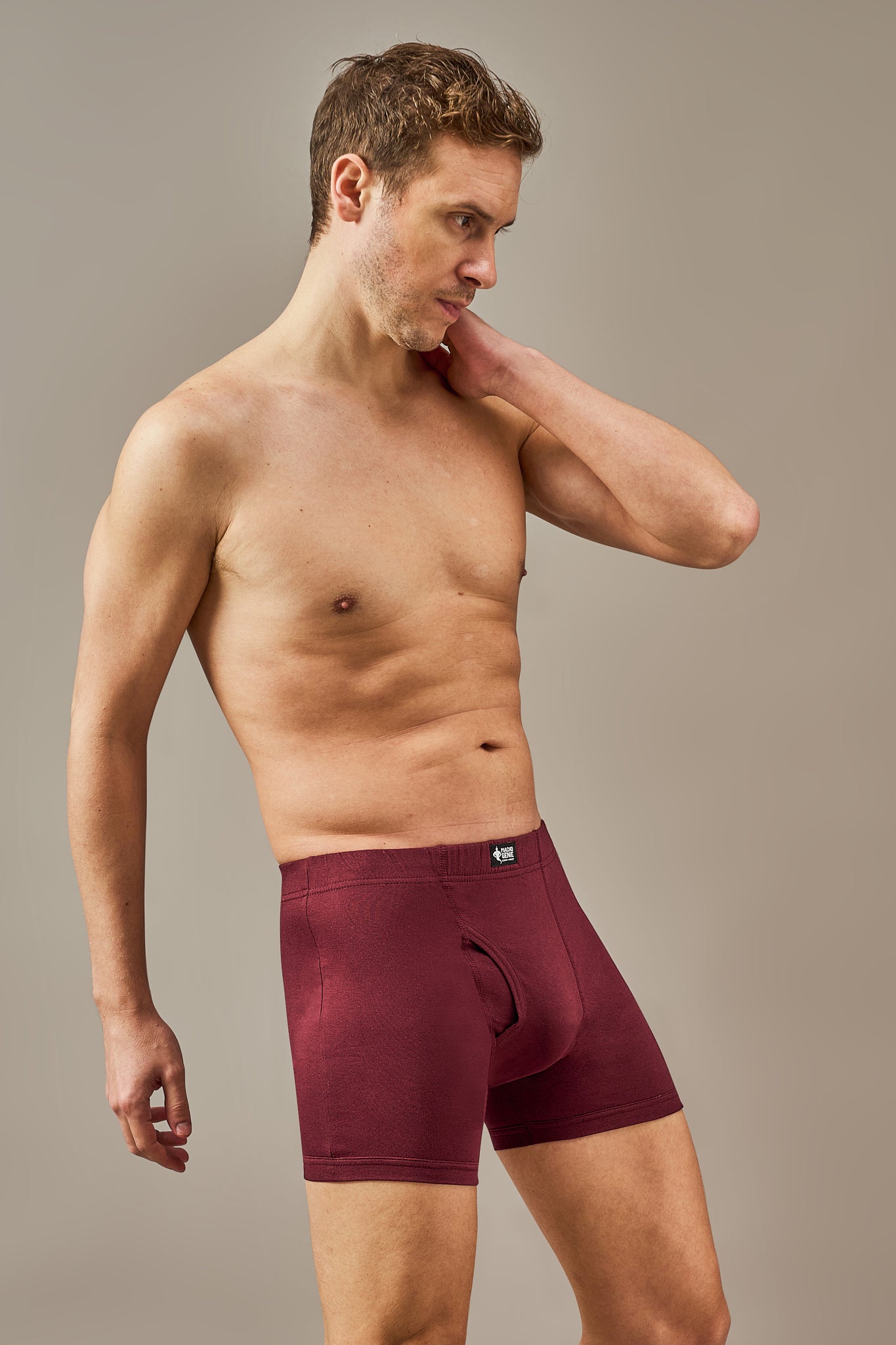 Macho Genie 100% cotton Burgundy Wine boxer trunks from the All-Day Bliss collection, featuring a concealed waistband for a smooth, secure, no-dig fit and all-day comfort.