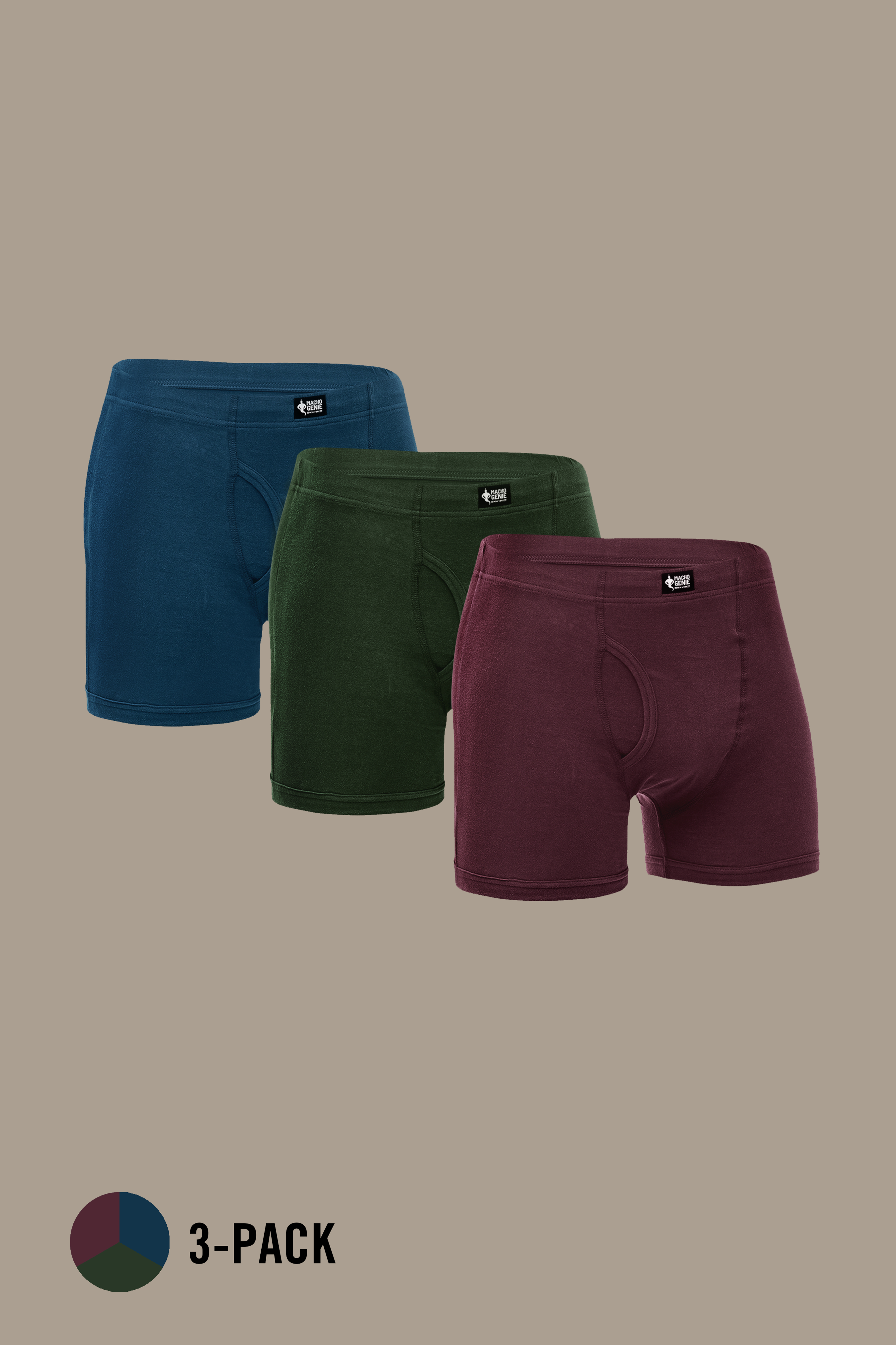 Macho Genie 100% cotton boxer trunks 3-pack featuring Maroon, Green, and Blue, with a slim fit, concealed waistband, functional fly, soft breathable fabric, and 3-inch inseam for everyday comfort from the All-Day Bliss collection.