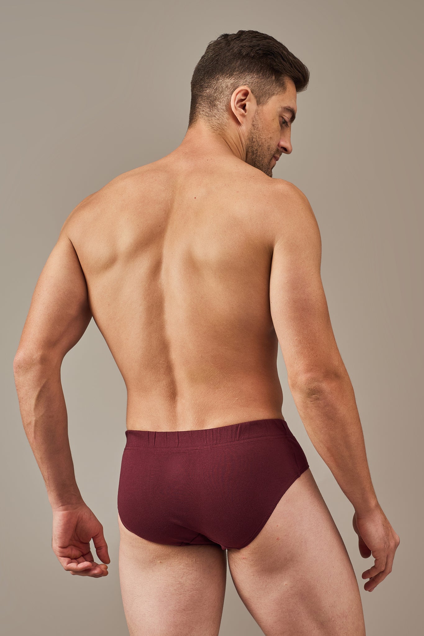 Back view of Macho Genie 100% cotton Y-shaped briefs in Maroon showing the full coverage design, soft breathable cotton construction and secure fit engineered to help prevent riding up.