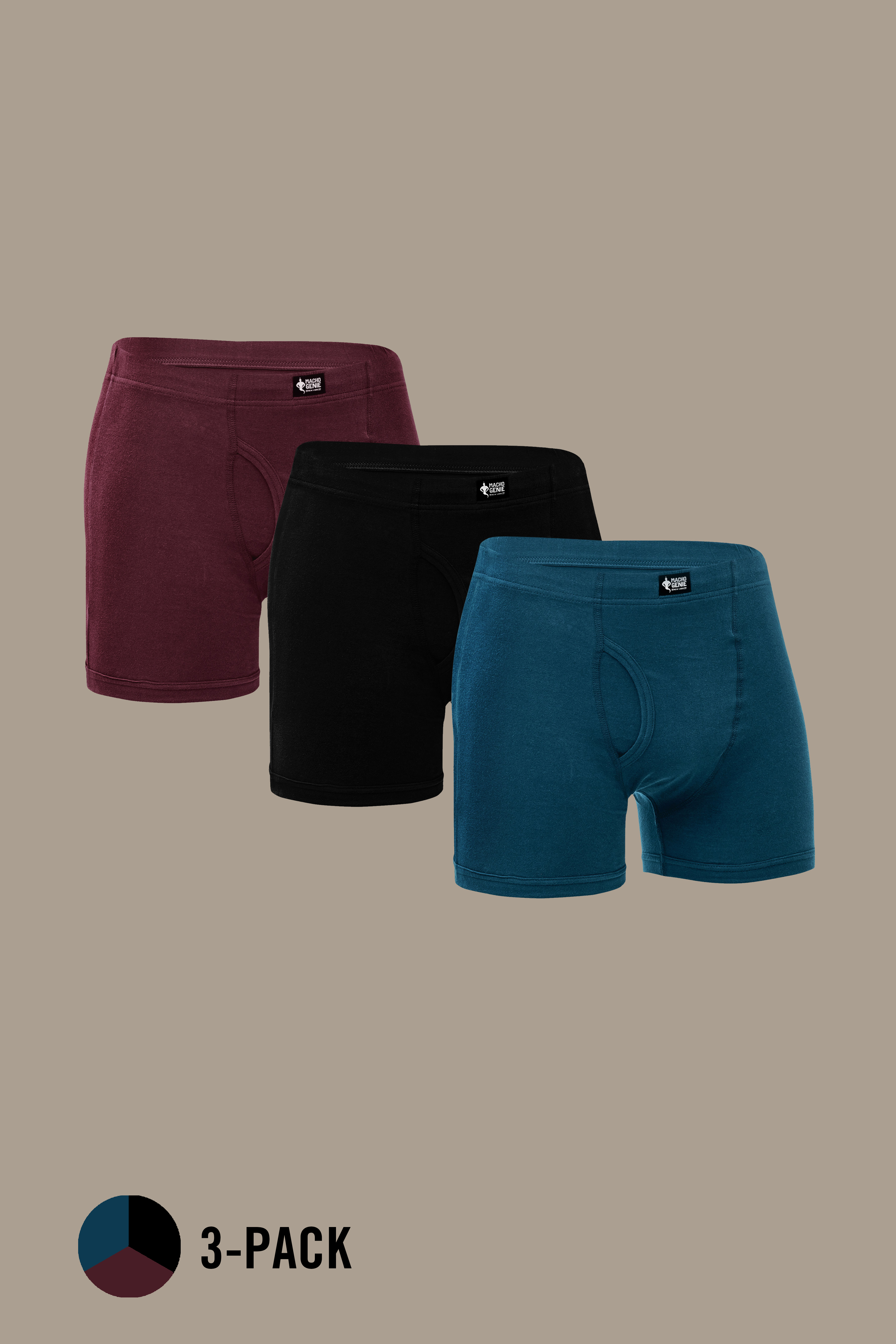 Macho Genie 100% cotton boxer trunks 3-pack from the All-Day Bliss collection, featuring Red, Black, and Blue colors with soft breathable fabric, slim fit, and 3-inch inseam for everyday comfort.