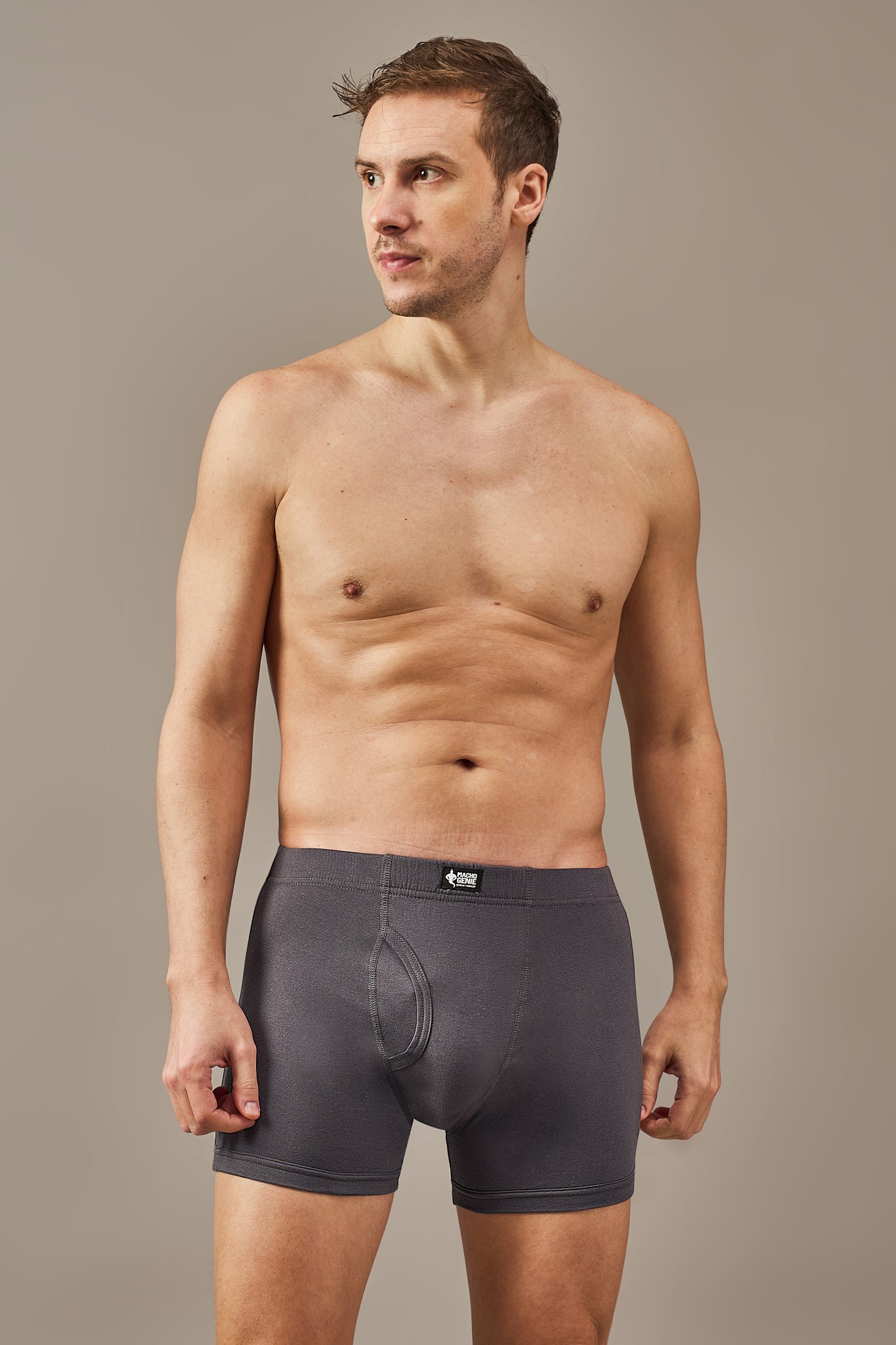 Macho Genie 100% cotton Slate Grey boxer trunks from the All-Day Bliss collection, featuring a concealed waistband for a smooth, secure, no-dig fit and all-day comfort.