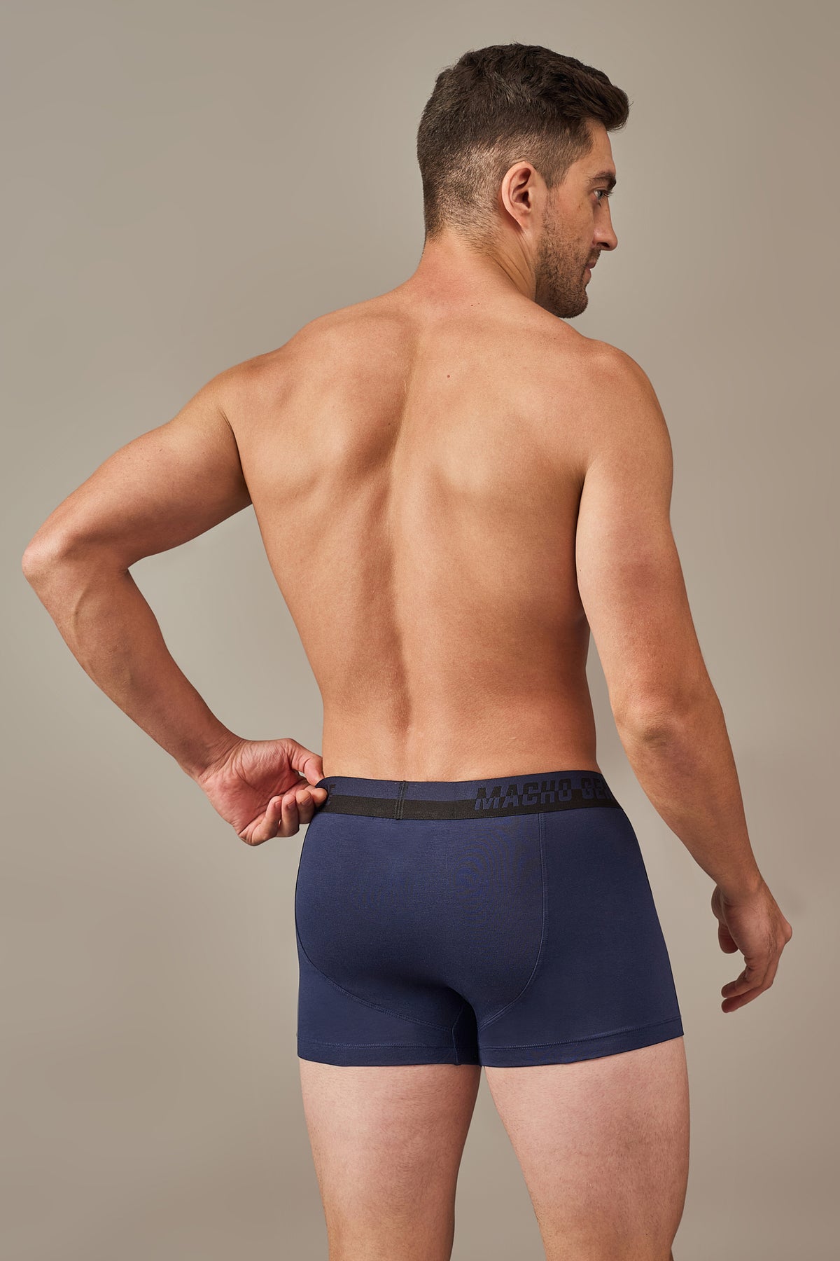 Macho Genie men's Starlit Navy blue trunks highlighting smooth rear construction, flexible waistband and no-ride-up design with a comfortable 3-inch inseam