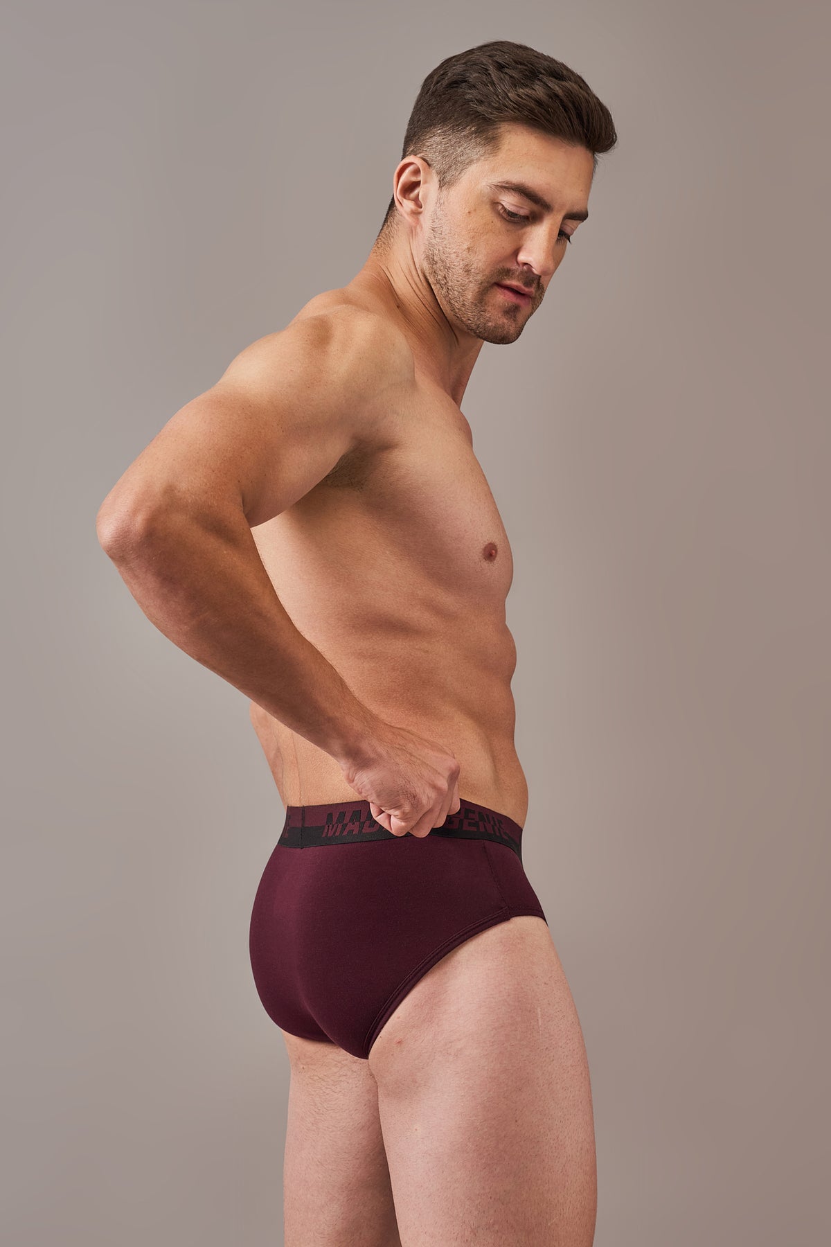 Macho Genie men's wine burgundy, Y-shaped briefs made from 100% pure Supima cotton, offering a soft touch, comfortable fit, functional fly and stay-in-place waistband