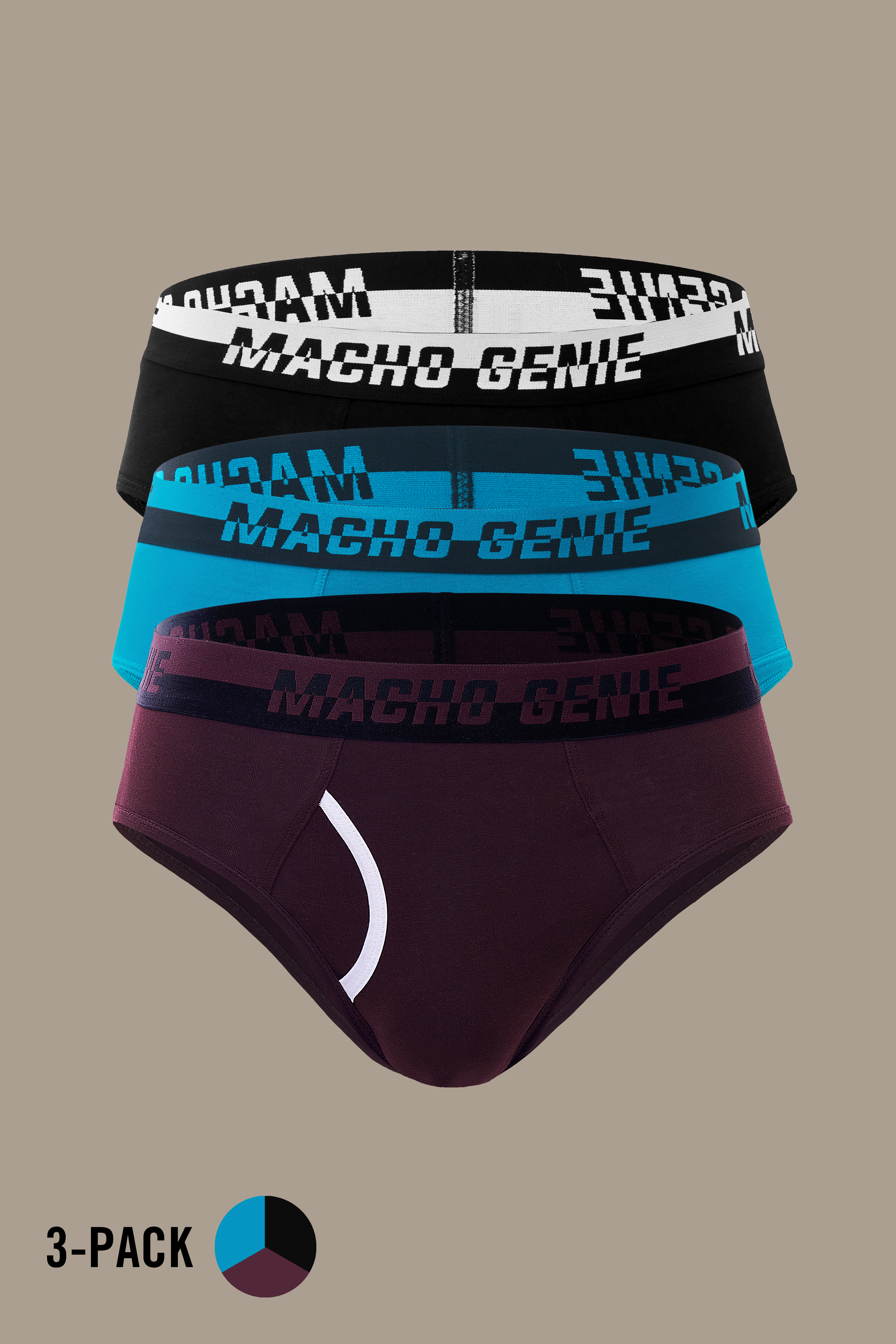 Men's Essentials - Minimalist Modern Supima Y-Shaped Cotton Briefs- 3-Pack - Black, Blue and Wine