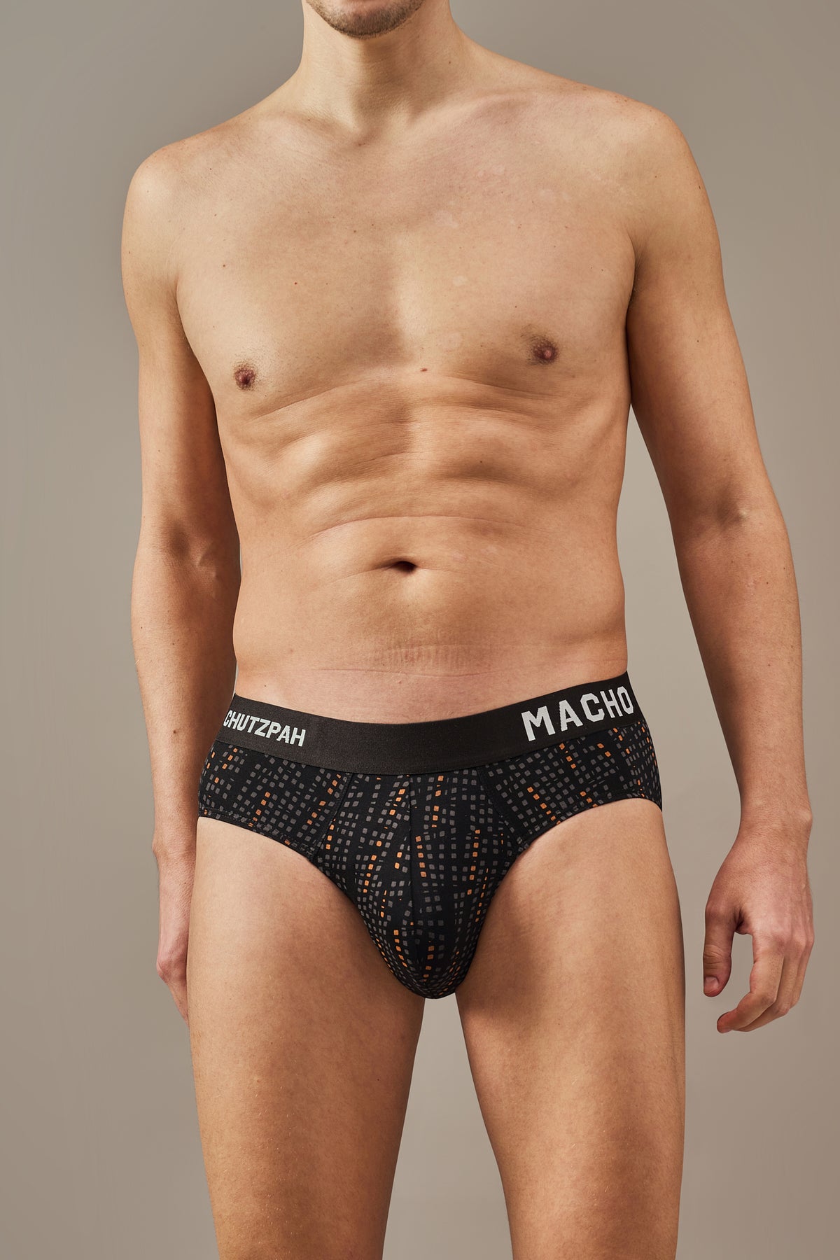 Men’s Vibrant Vibes black printed Y-shaped briefs made from ultra soft bio washed modal with grey and orange accents, flexible waistband, full coverage support and smooth breathable comfort
