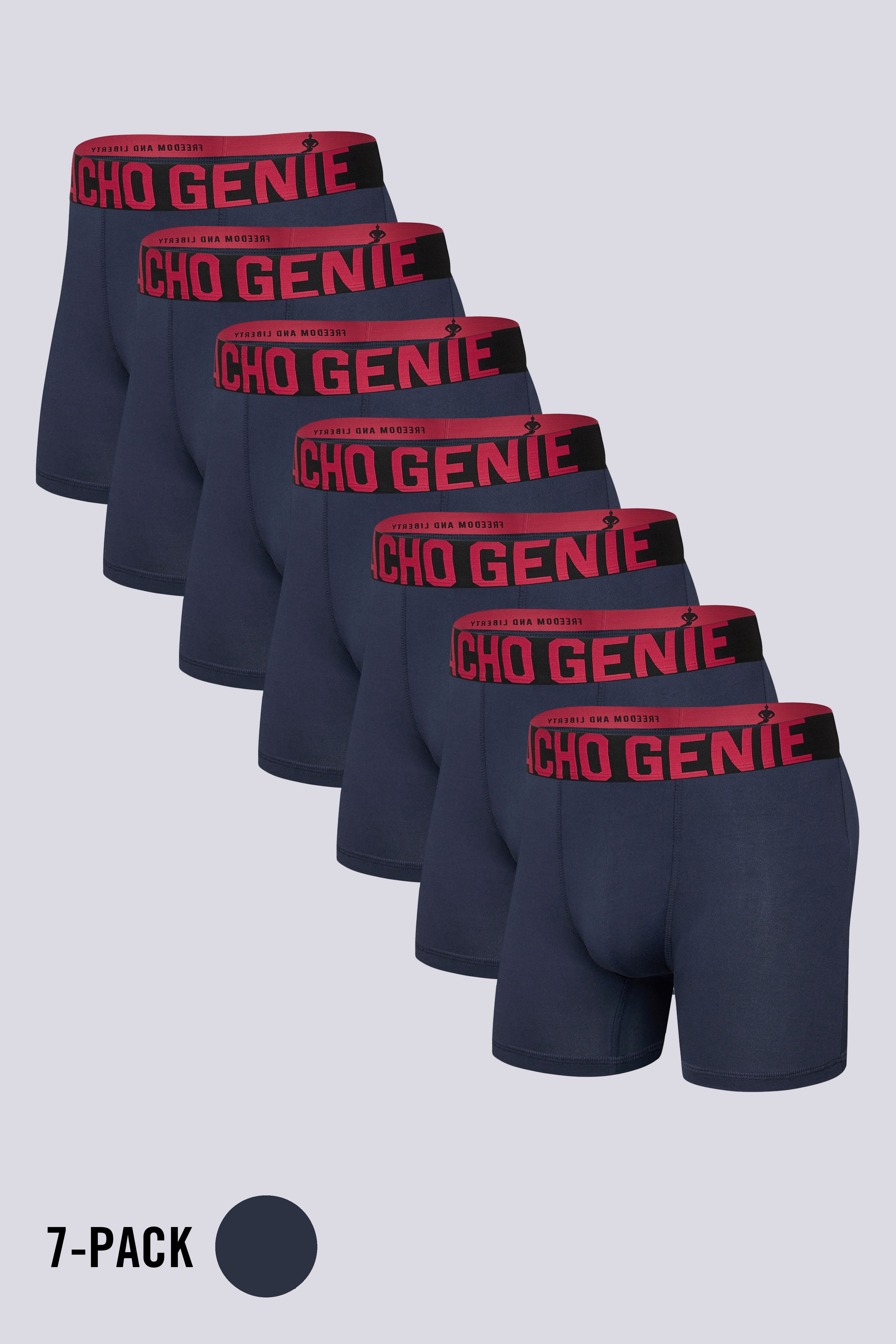 Macho Genie mens Essentials FlexCore boxer brief 7 pack in dark navy with high stretch microfiber compression support and flexible waistband