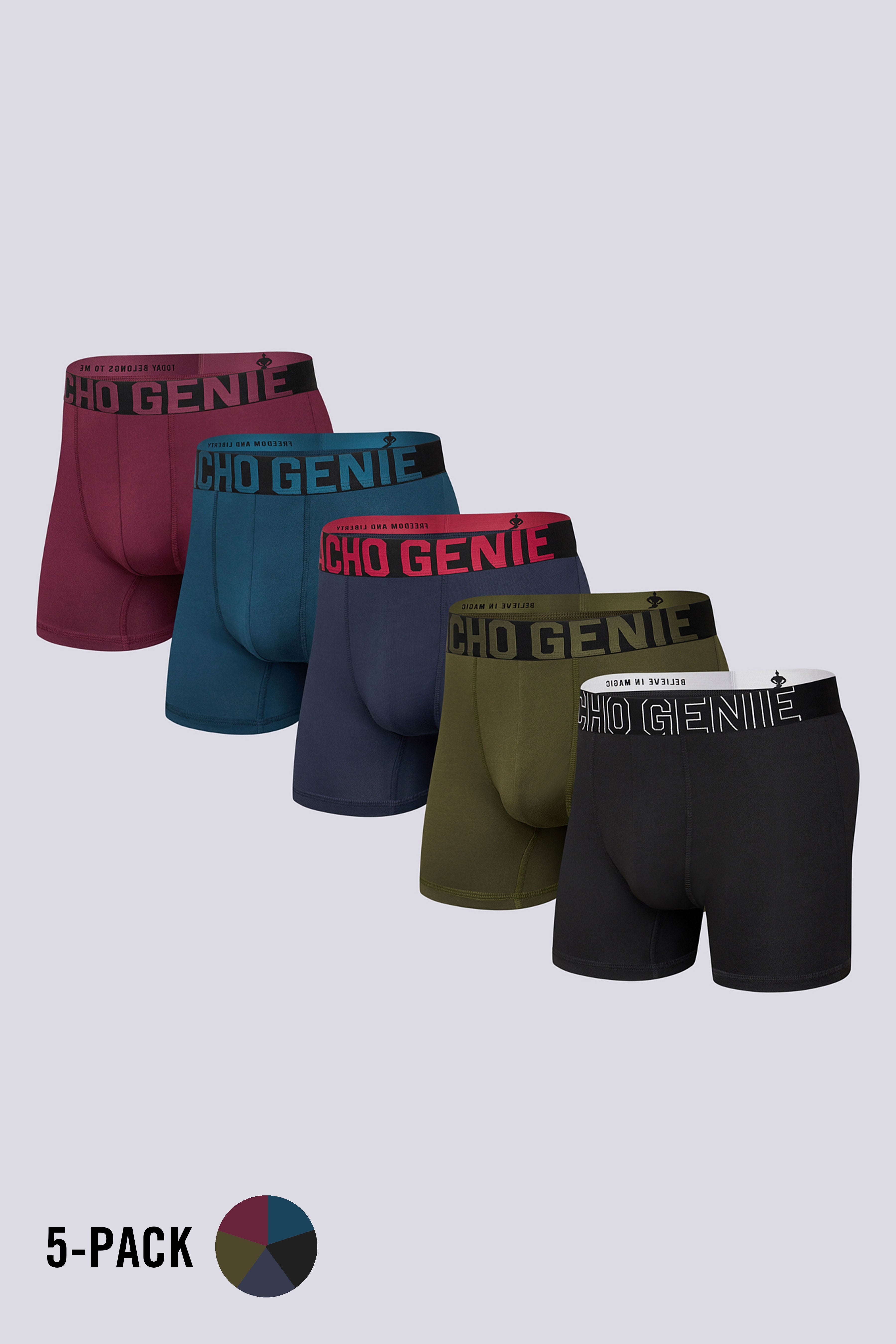 Macho Genie Men FlexCore boxer brief 5 pack in Black Green Navy Blue and Maroon for fitness fanatics with high stretch fabric, compression support and six inch inseam athletic wear