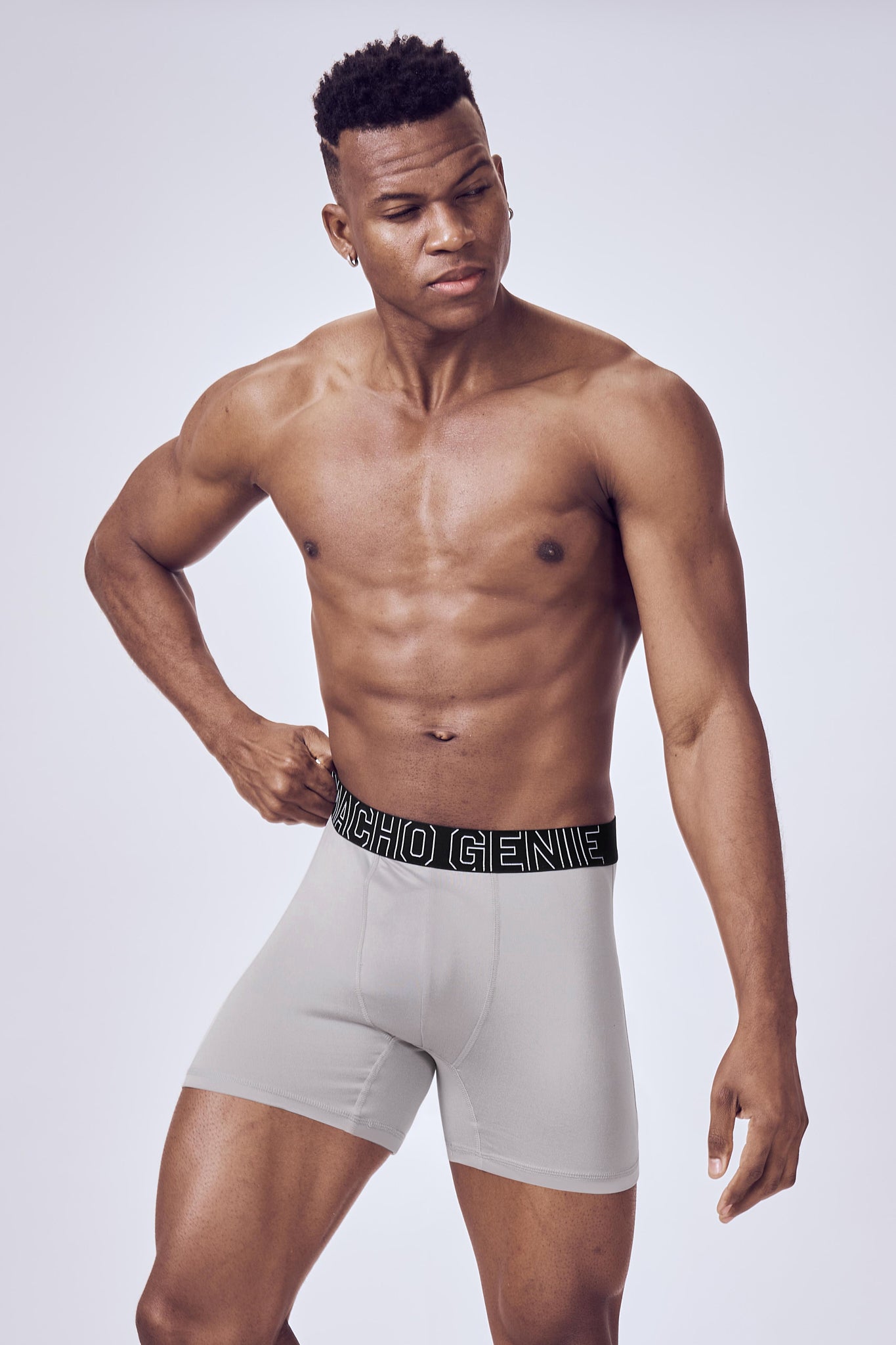 Macho Genie Men FlexCore boxer brief Ash Light Gray with six inch inseam, high stretch fabric and no ride up design performance wear