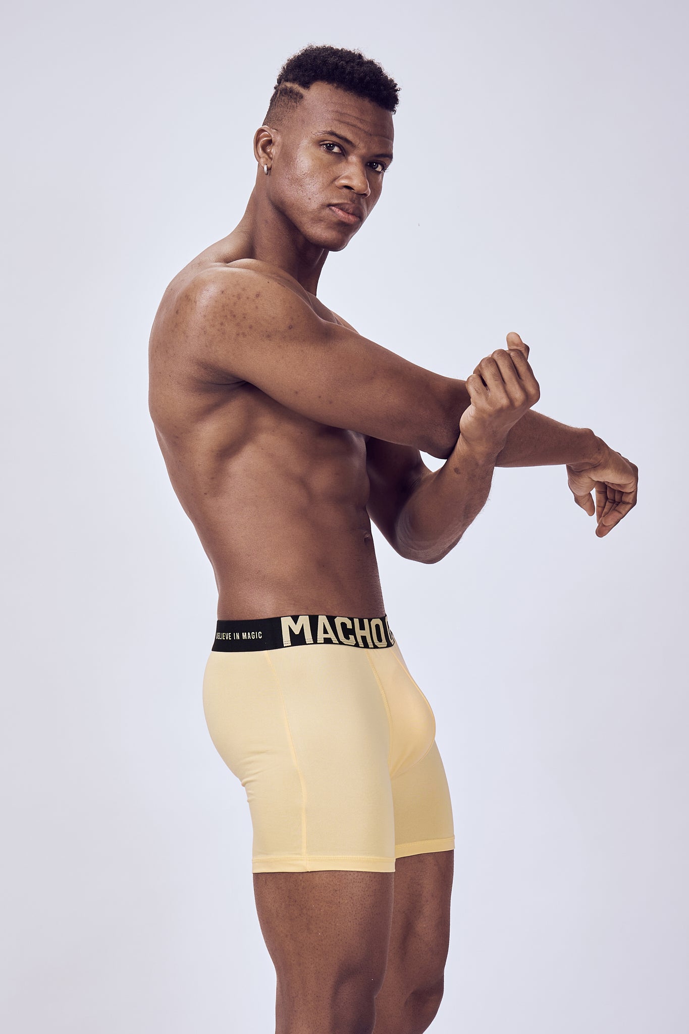 Macho Genie Men boxer brief Sunbeam Gold Yellow for fitness fanatics with high stretch fabric, compression support and six inch inseam athletic wear