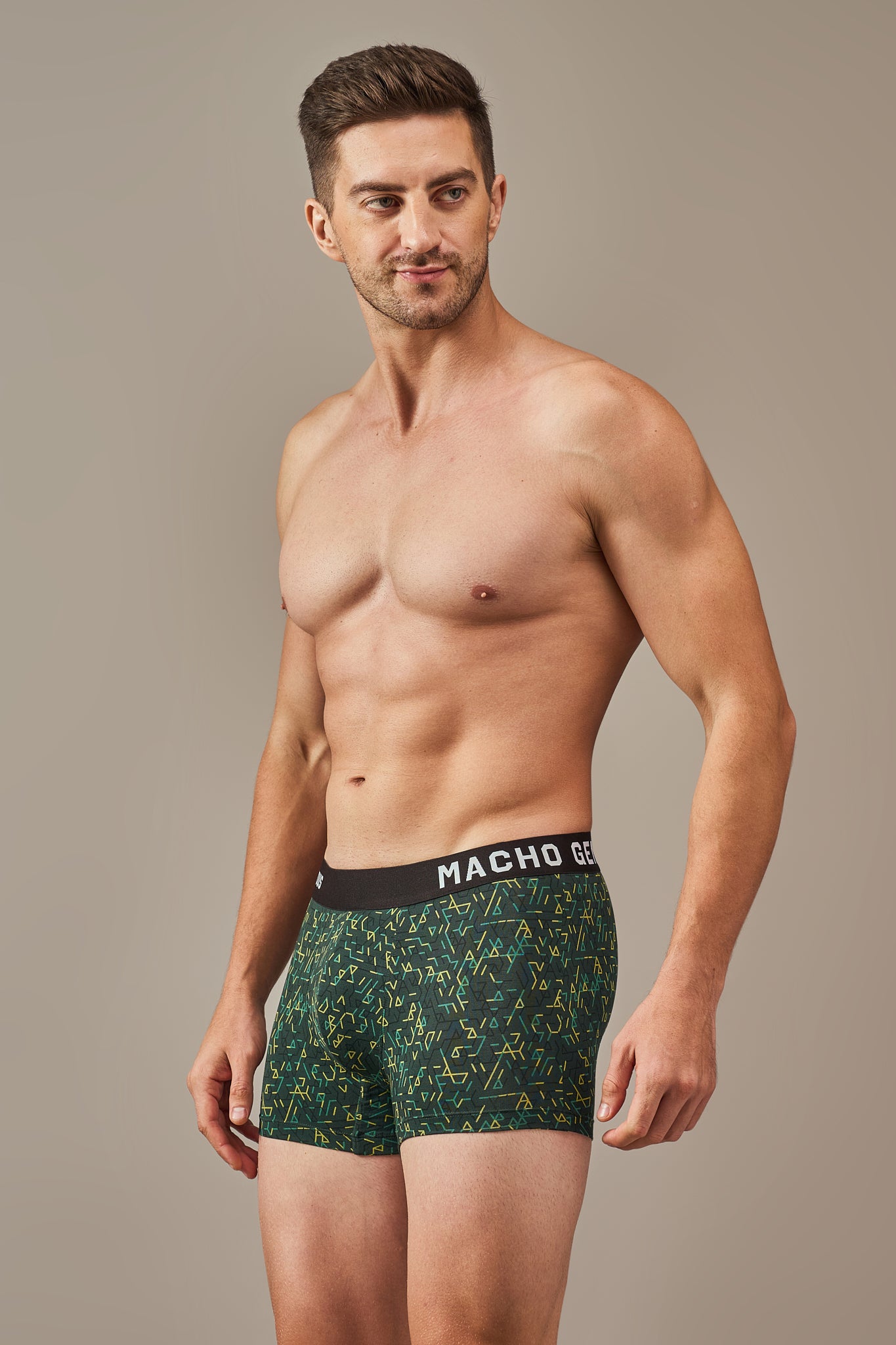 Macho Genie men’s green modal trunks with vibrant prints, bio washed modal, ultra soft wash, flexible waistband and 3 inch inseam