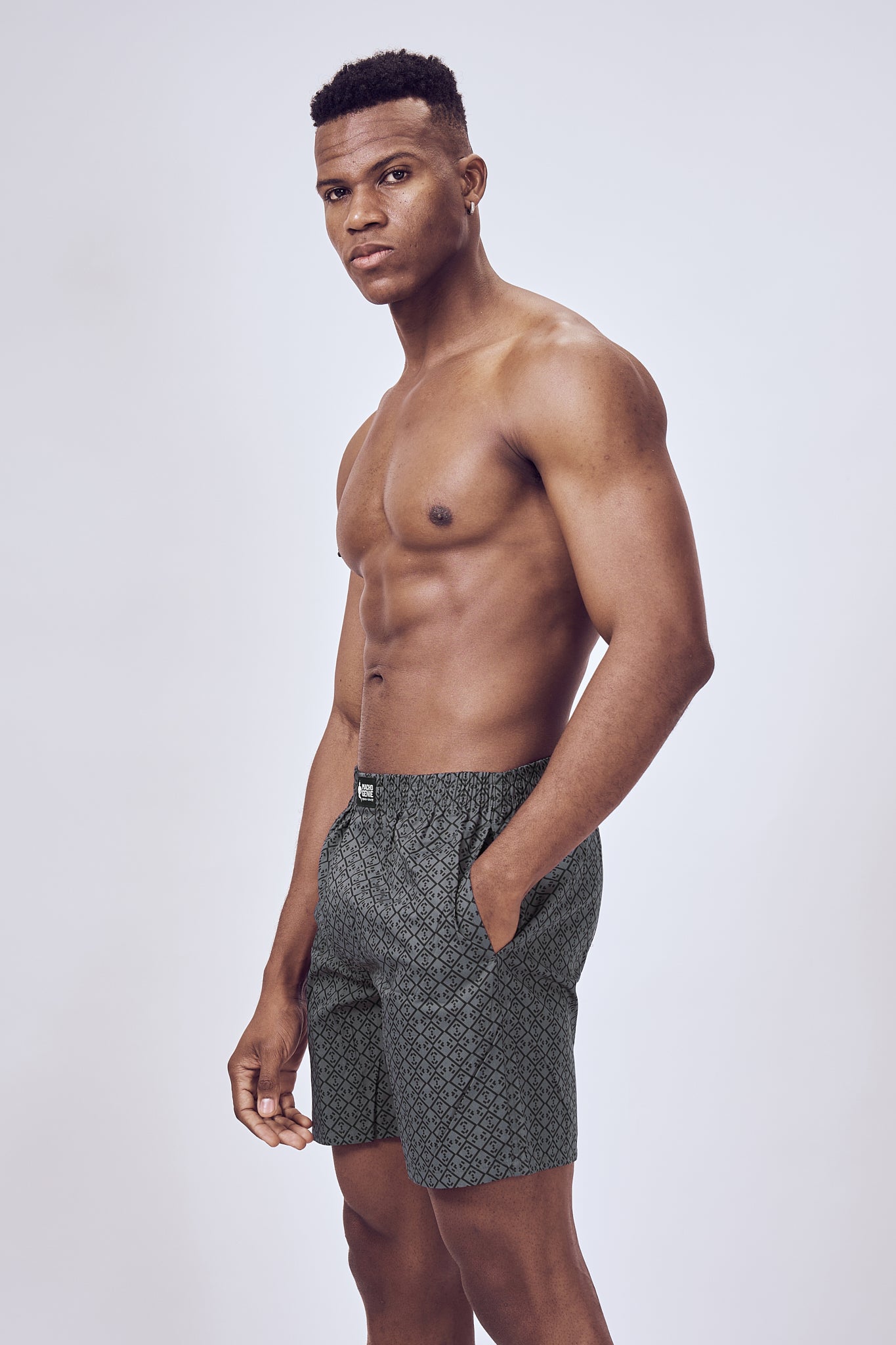 Macho Genie men’s Haven printed woven boxers in charcoal gray featuring 100% pure cotton, flexible waistband, with pockets and 6 inch inseam