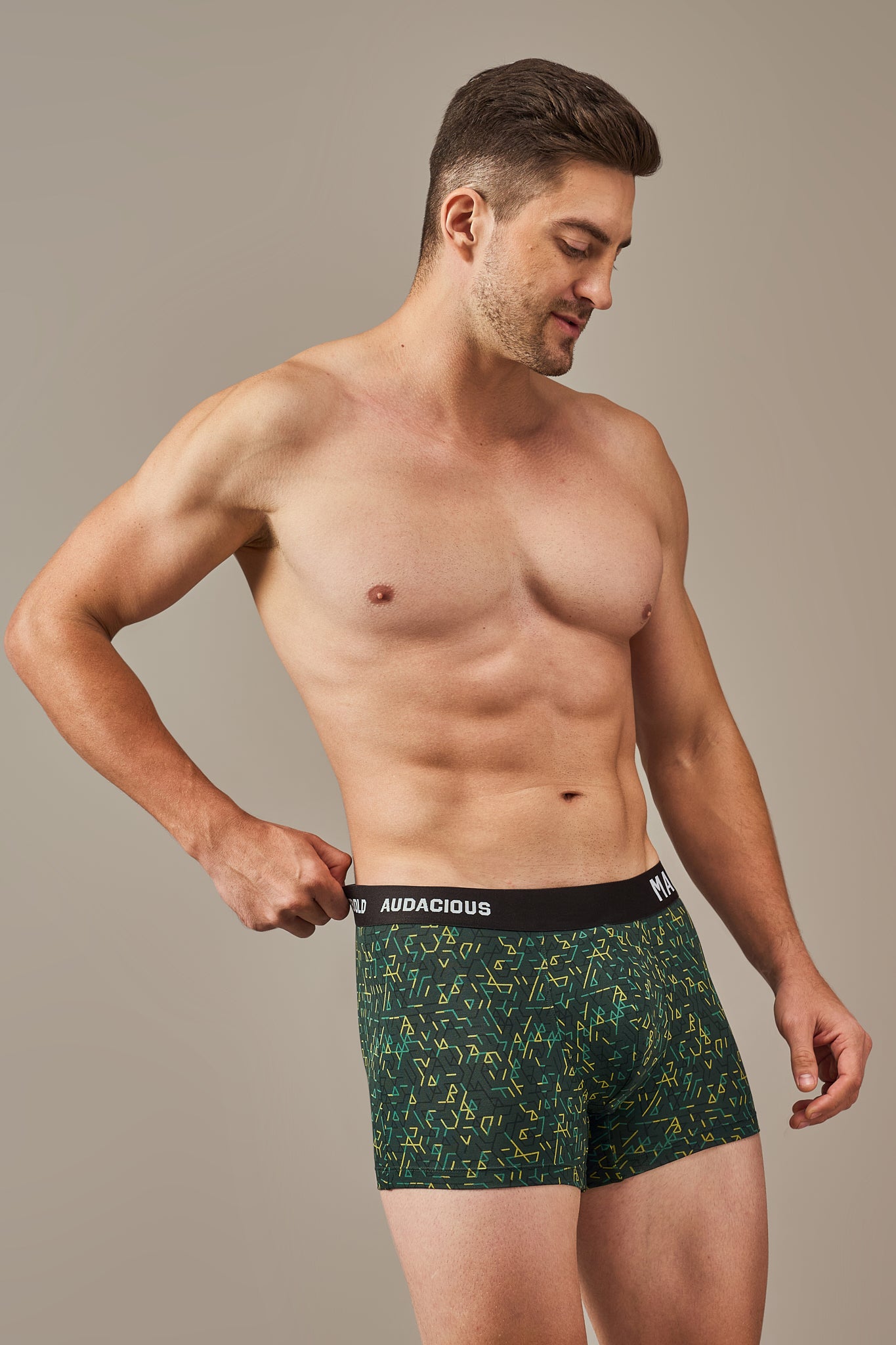 Macho Genie men’s bio washed modal underwear with green vibrant prints, Ultra soft wash, flexible waistband and 3 inch inseam
