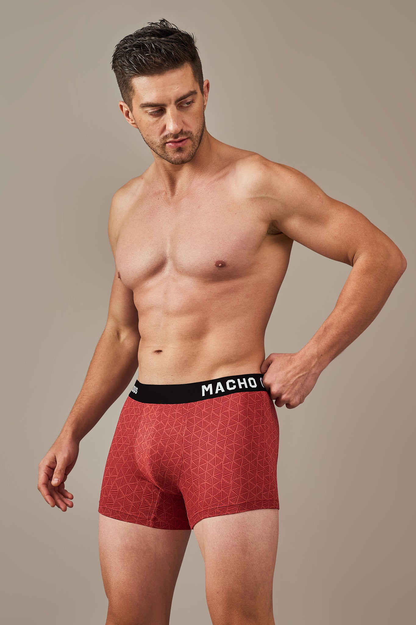 Macho Genie men’s Sangria red modal trunks with vibrant prints, bio washed modal, ultra soft wash, flexible waistband and 3 inch inseam