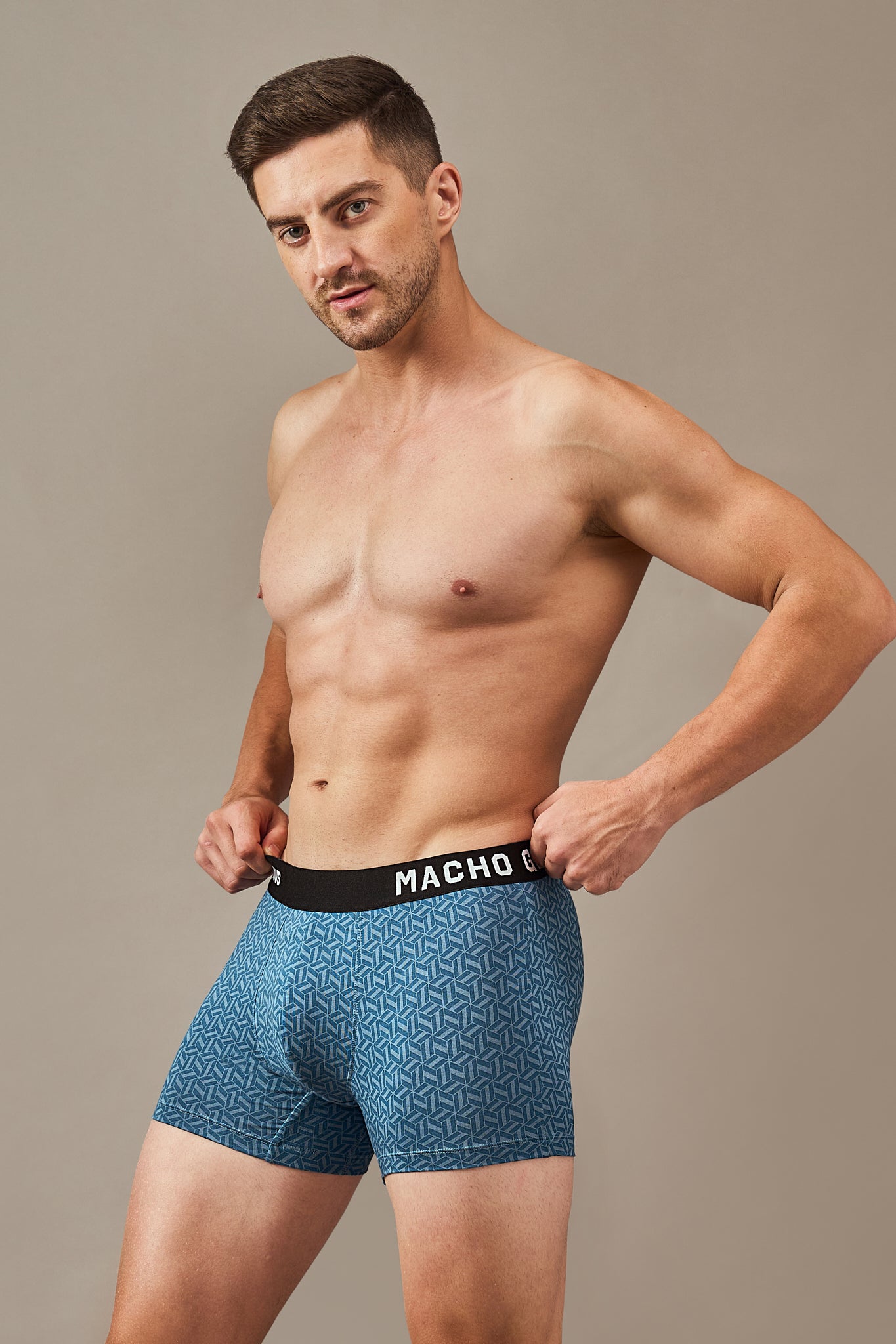 Macho Genie men’s sea blue modal trunks with vibrant prints, bio washed modal, ultra soft wash, flexible waistband and 3 inch inseam