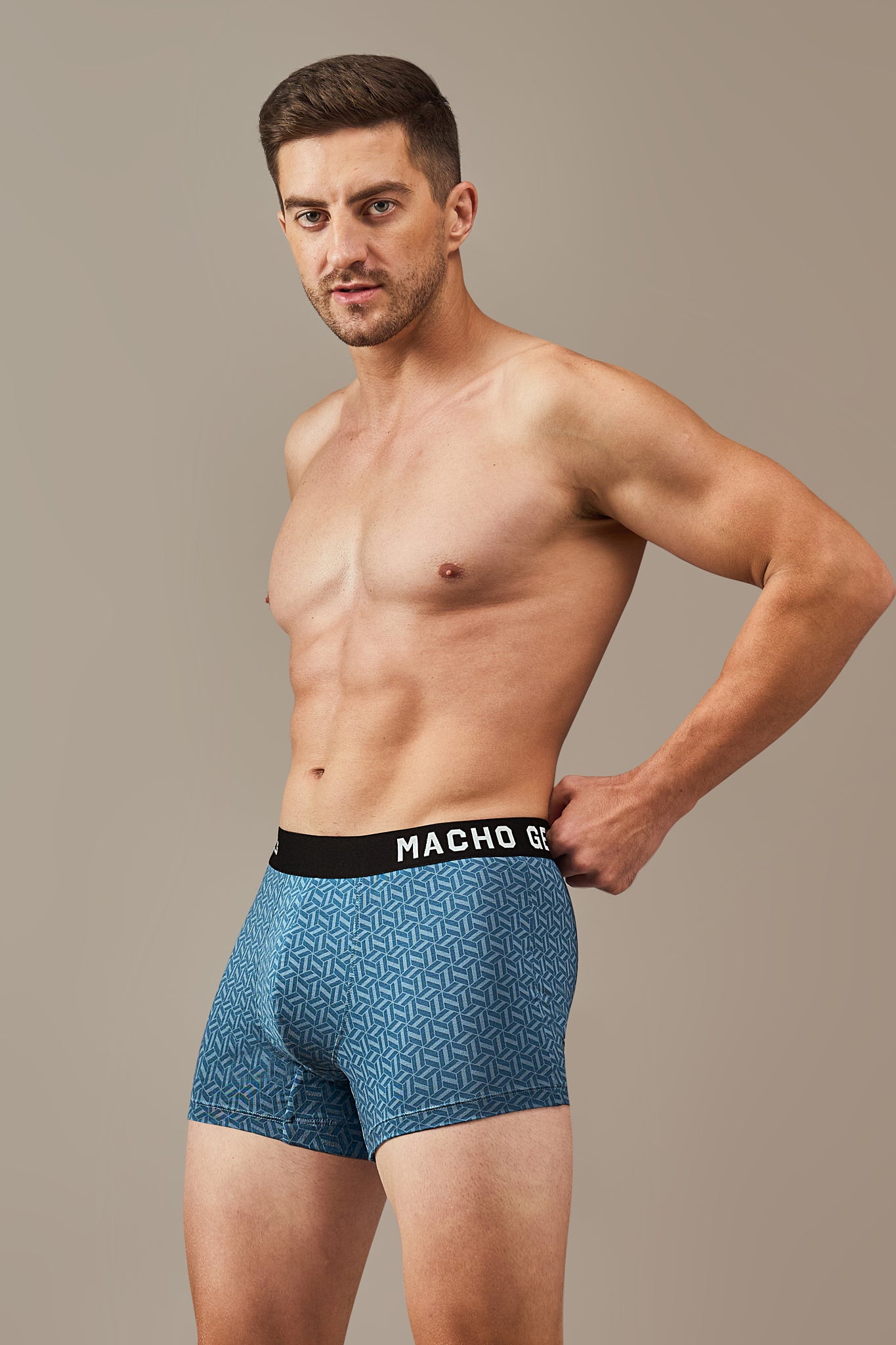 Macho Genie men’s Sea blue modal trunks with ULTRA SOFT wash, geometric vibrant prints, bio washed modal, flexible waistband and three inch inseam