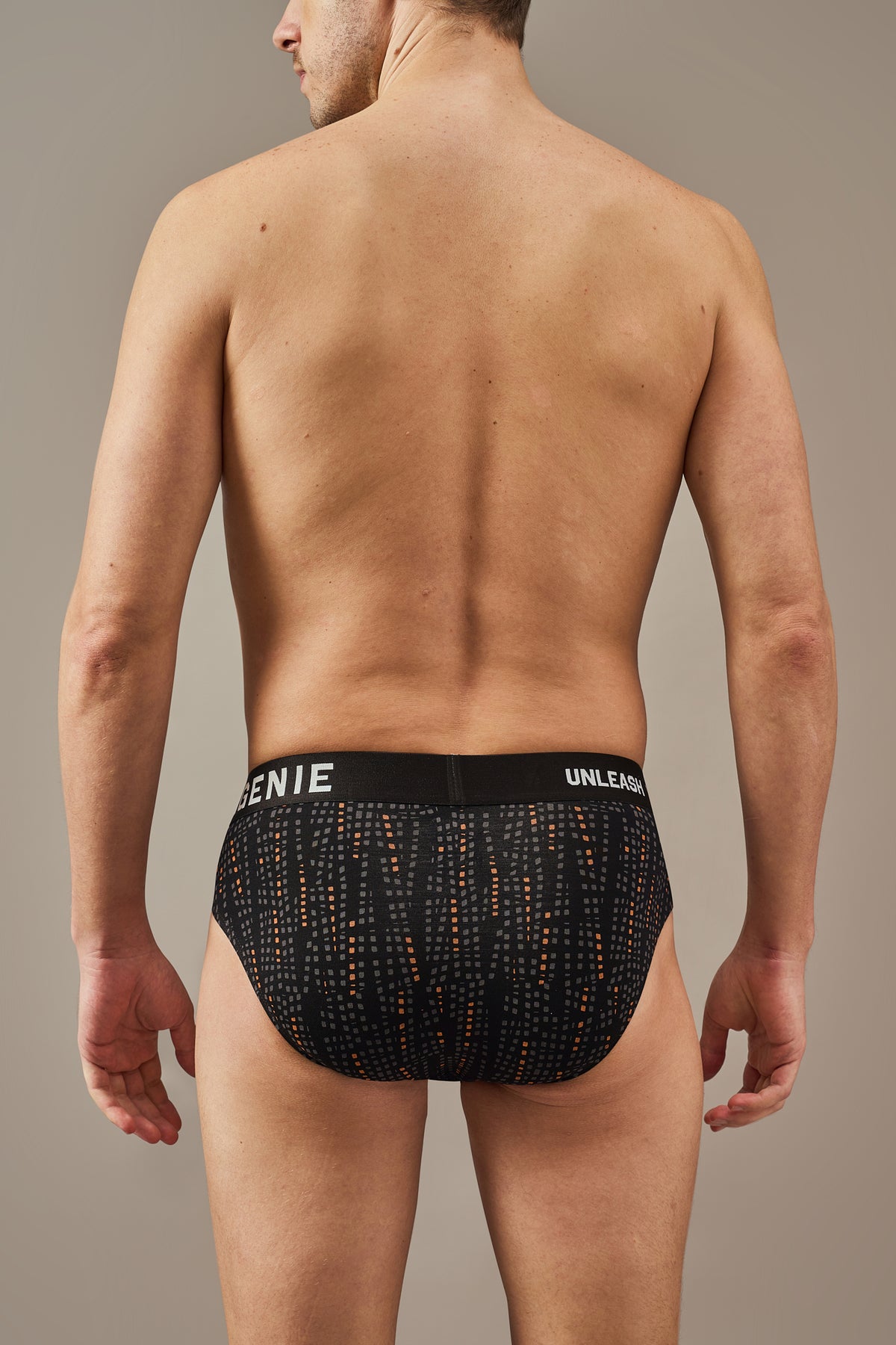 Ultra soft black modal Y-shaped briefs innerwear with vibrant grey and orange prints, breathable bio washed modal fabric, flexible waistband and full coverage construction designed for lasting everyday comfort