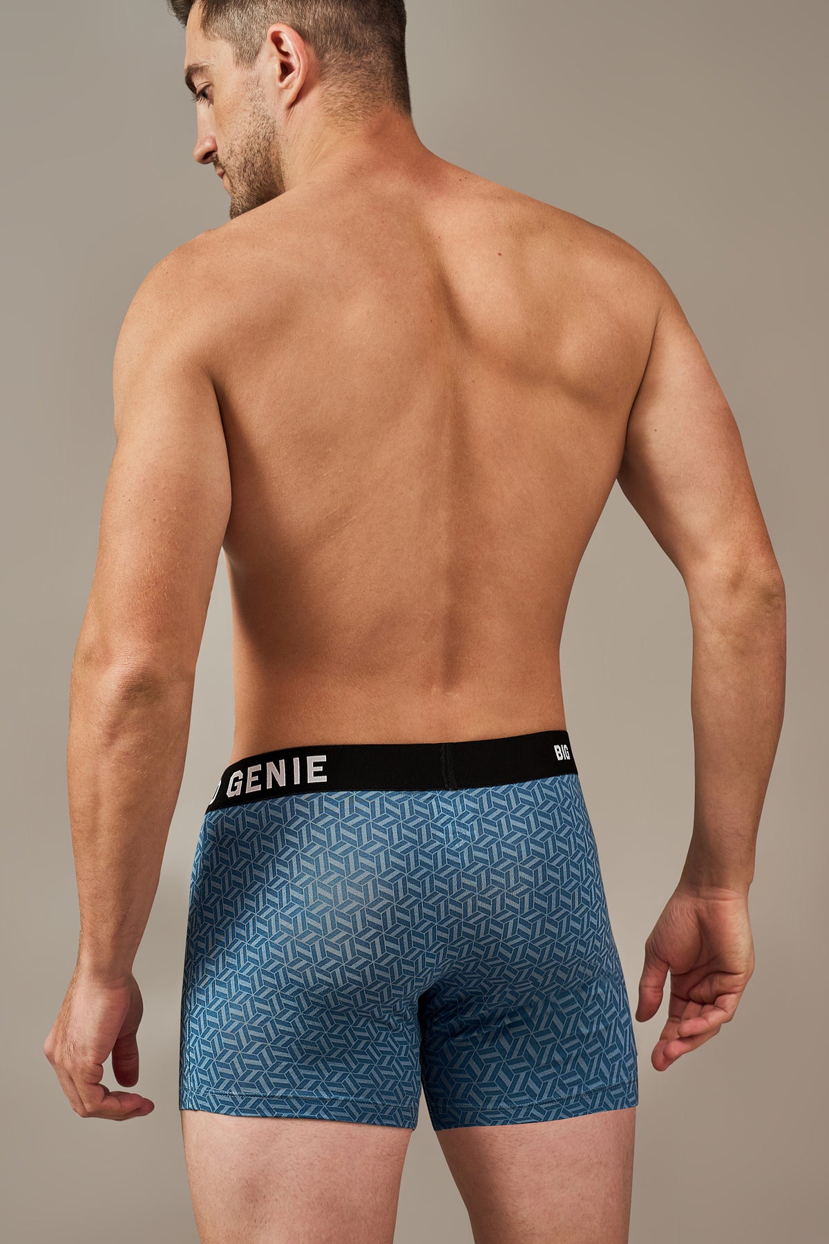 Macho Genie men’s ultra soft modal trunks in blue with vibrant prints, flexible waistband and three inch inseam