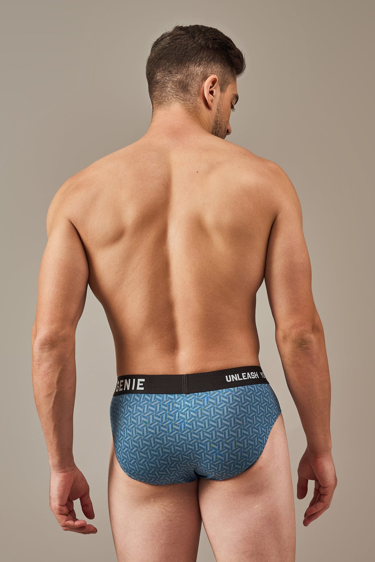 Ultra soft blue modal Y-shaped briefs for men with vibrant geometric prints, flexible waistband and smooth bio washed modal fabric engineered for comfortable support and easy movement