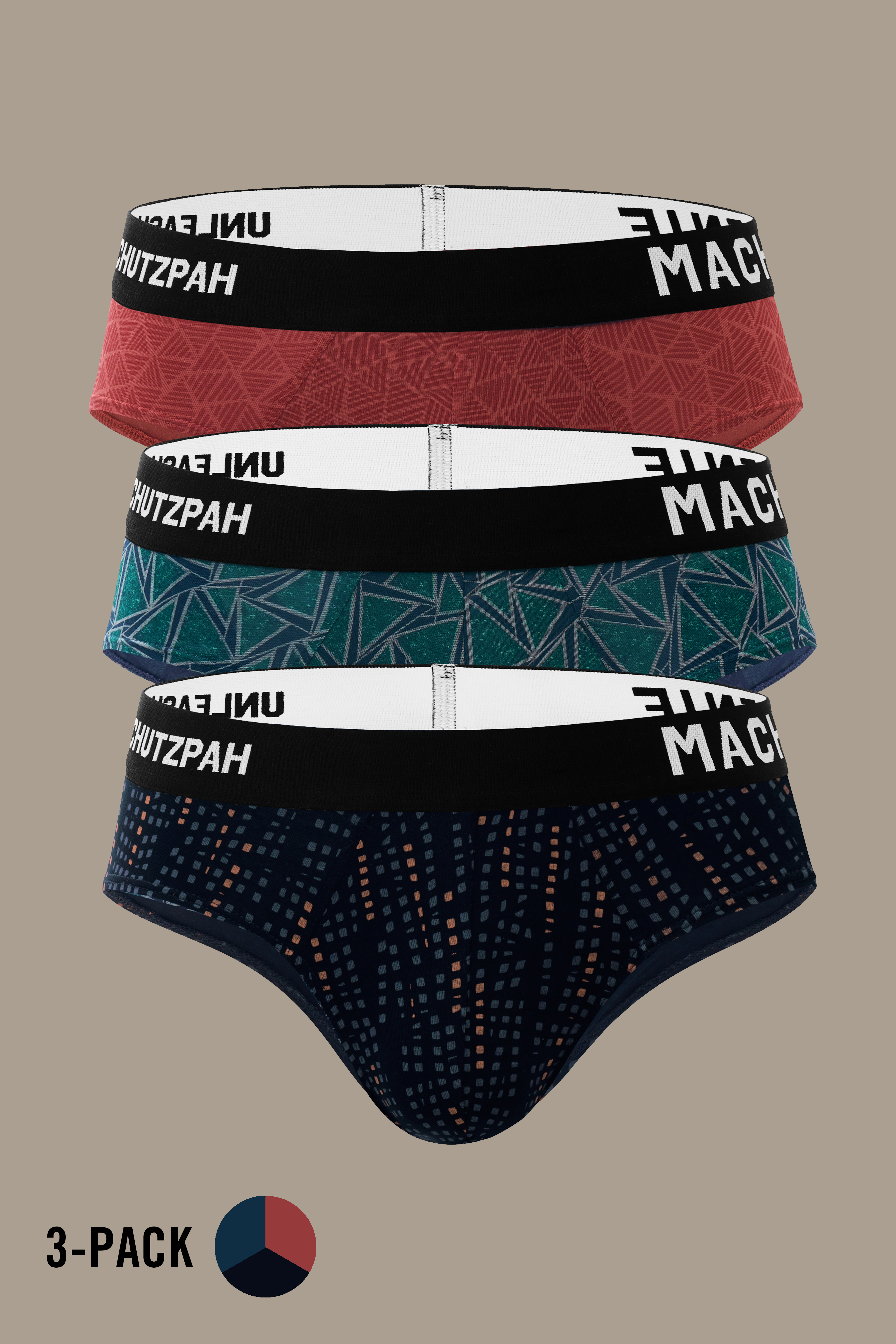 Men’s Vibrant Vibes 3 pack bio washed modal Y-shaped briefs in Red, Blue and Black with vibrant prints, ultra soft fabric, ULTRA SOFT wash and comfortable flexible waistband